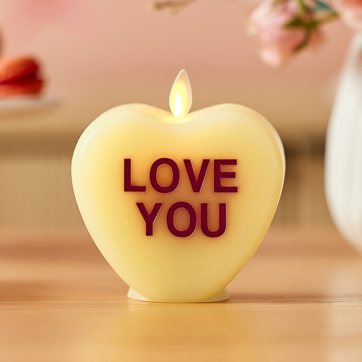Lemon Chiffon Flameless Candle Candy Heart "LOVE YOU"