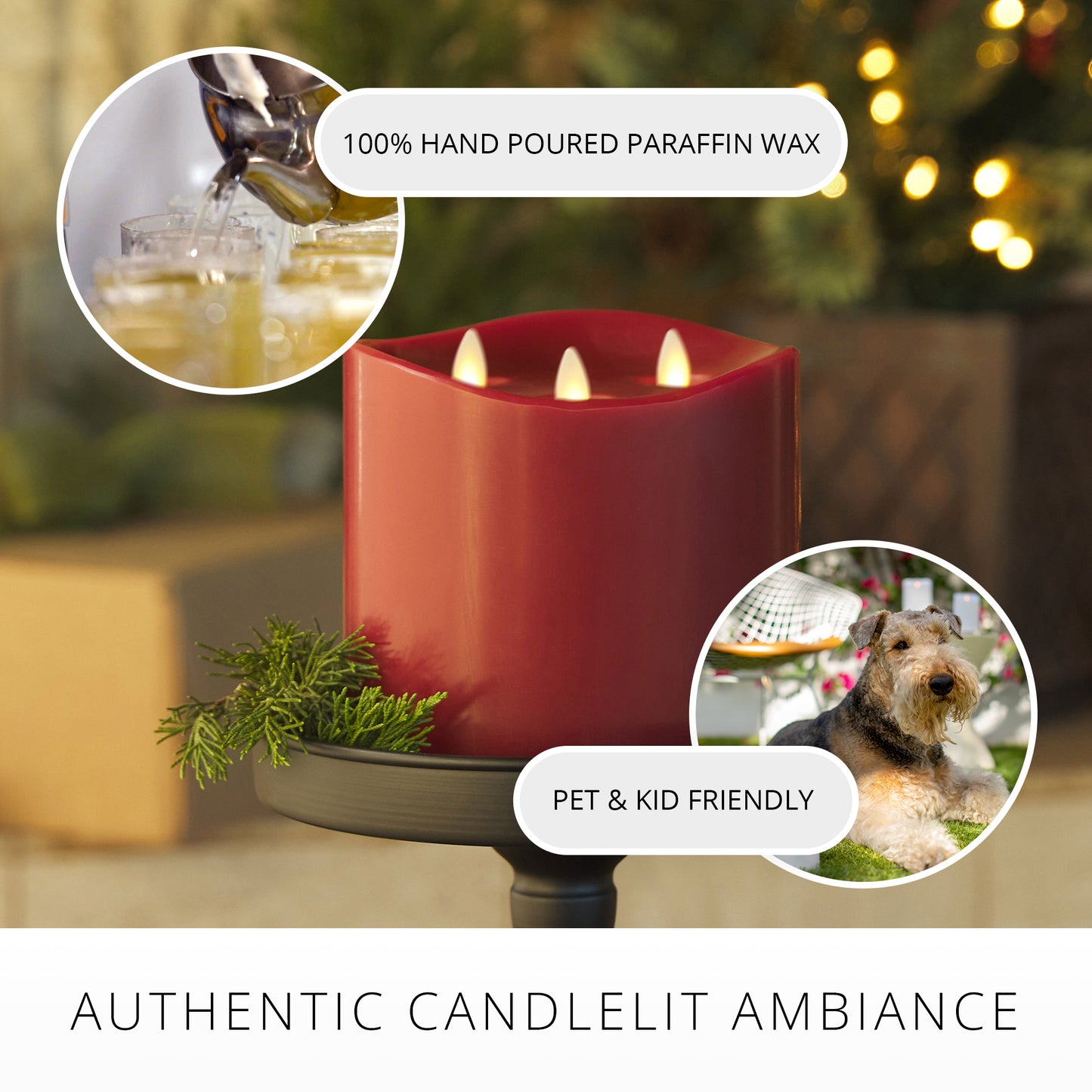 Burgundy Flameless Candle Tri-Flame Grand Pillar - Melted Top