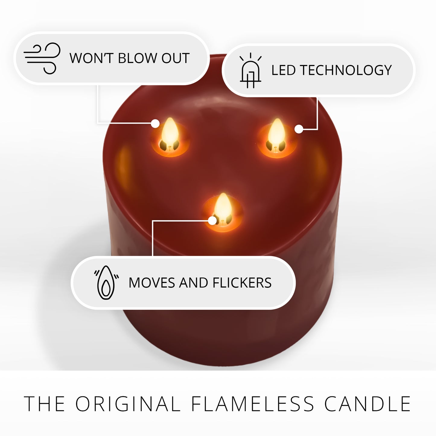Burgundy Flameless Candle Tri-Flame Grand Pillar - Melted Top