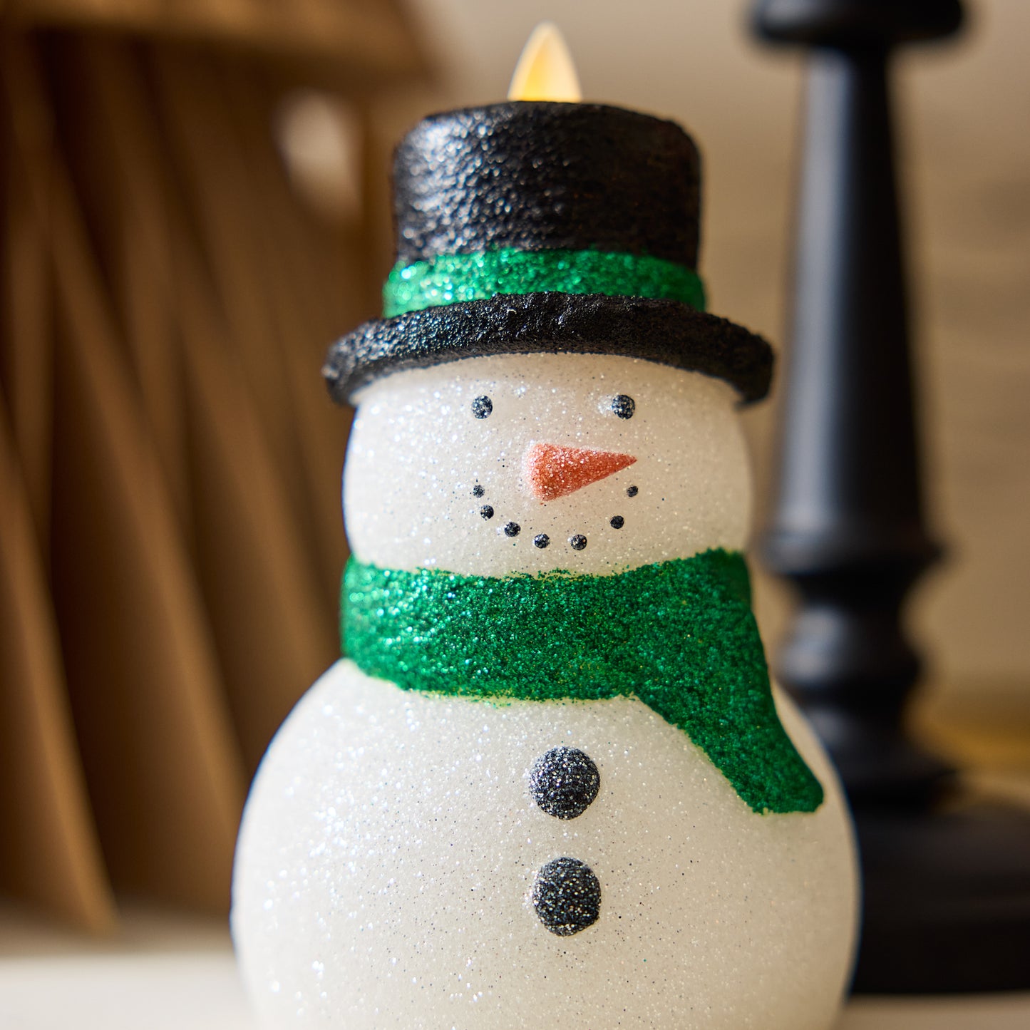 White Glitter Flameless Candle Snowman