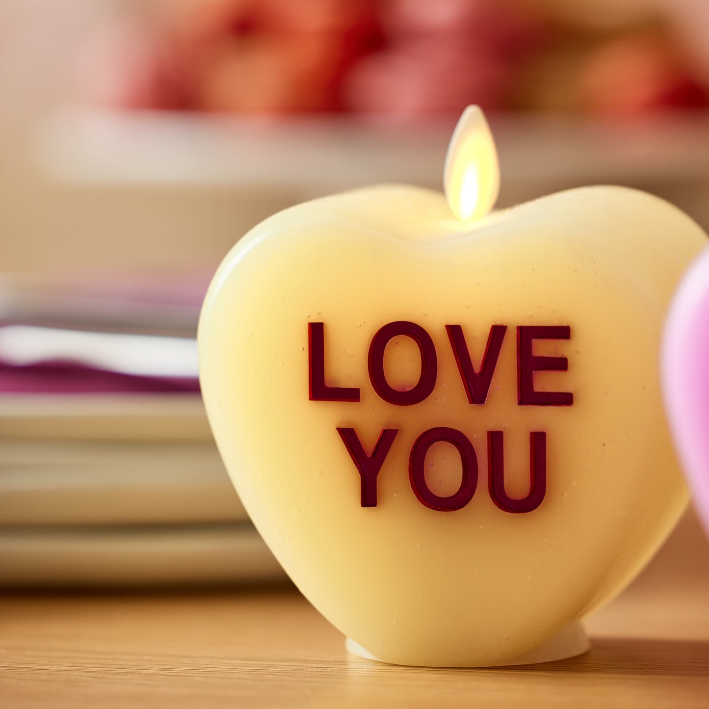 Lemon Chiffon Flameless Candle Candy Heart "LOVE YOU"