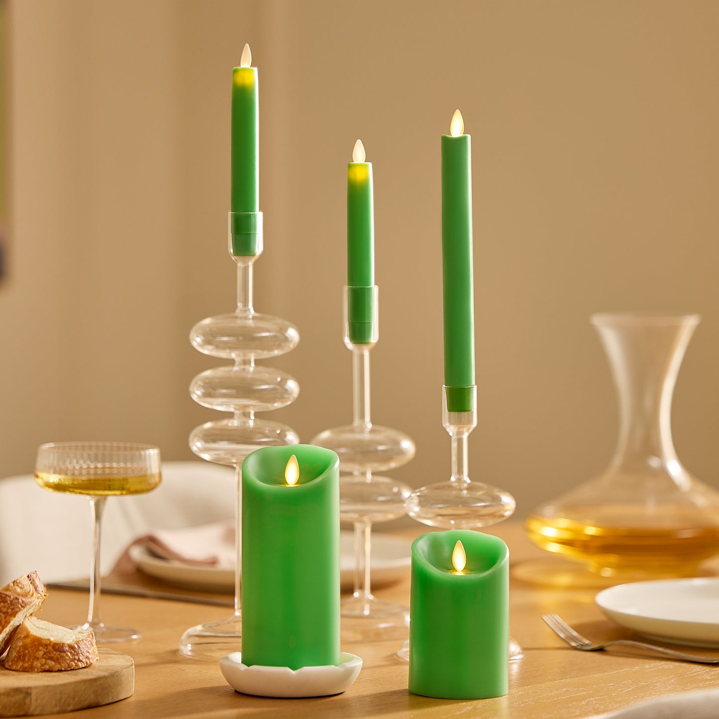 Vibrant Green Flameless Candle Pillar - Scallop Top - 3" Width