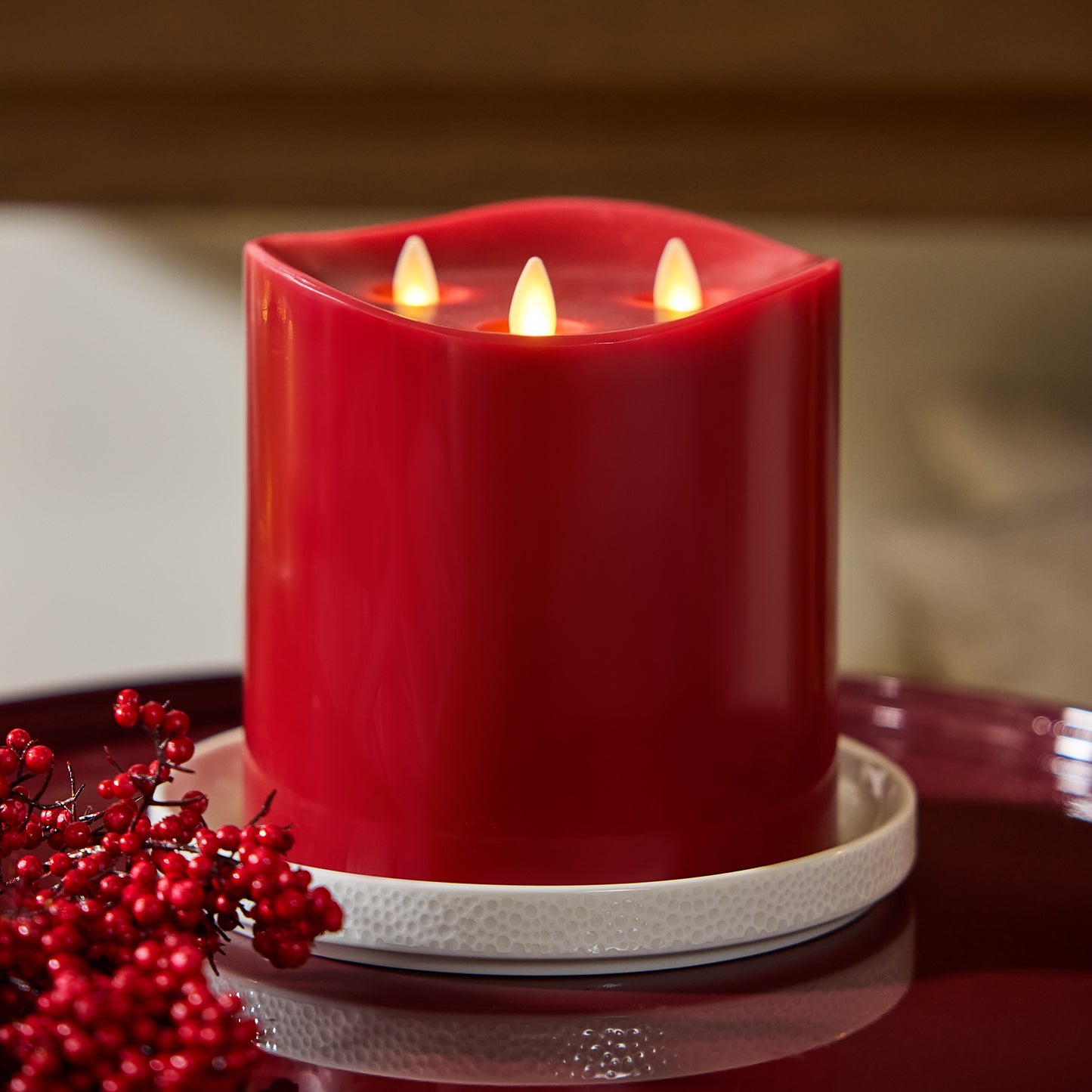 Burgundy Flameless Candle Tri-Flame Grand Pillar - Melted Top