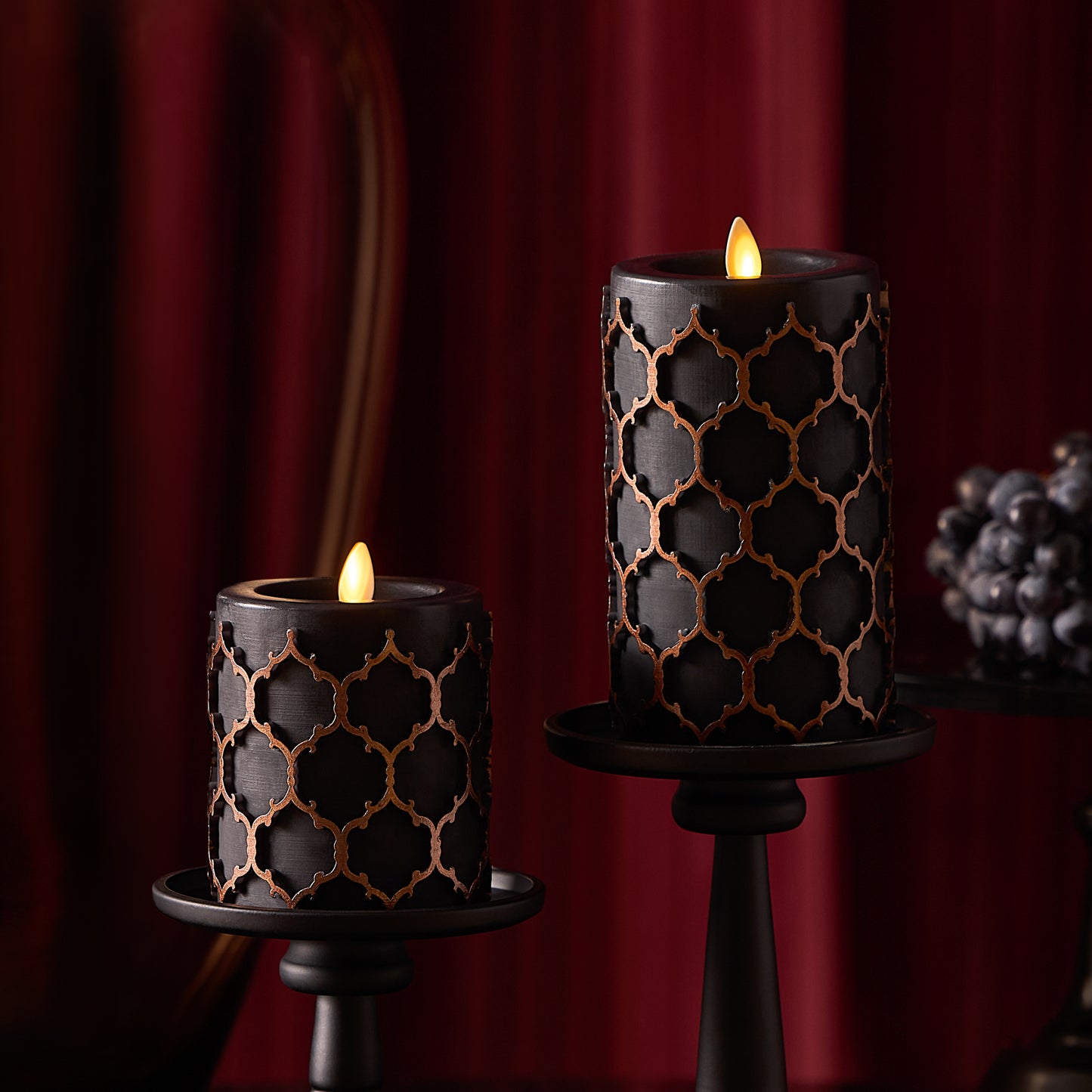 Black Embossed Fretwork Flameless Candle Pillar