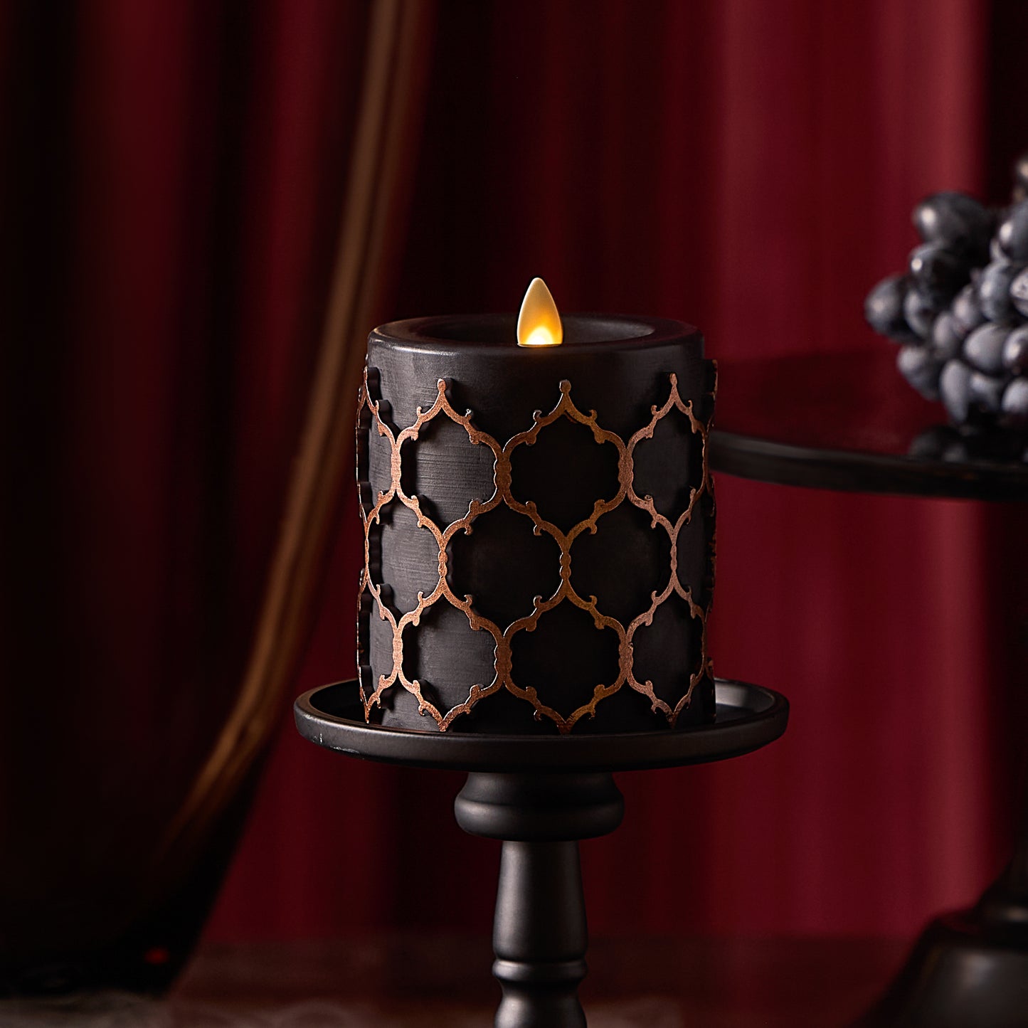 Black Embossed Fretwork Flameless Candle Pillar