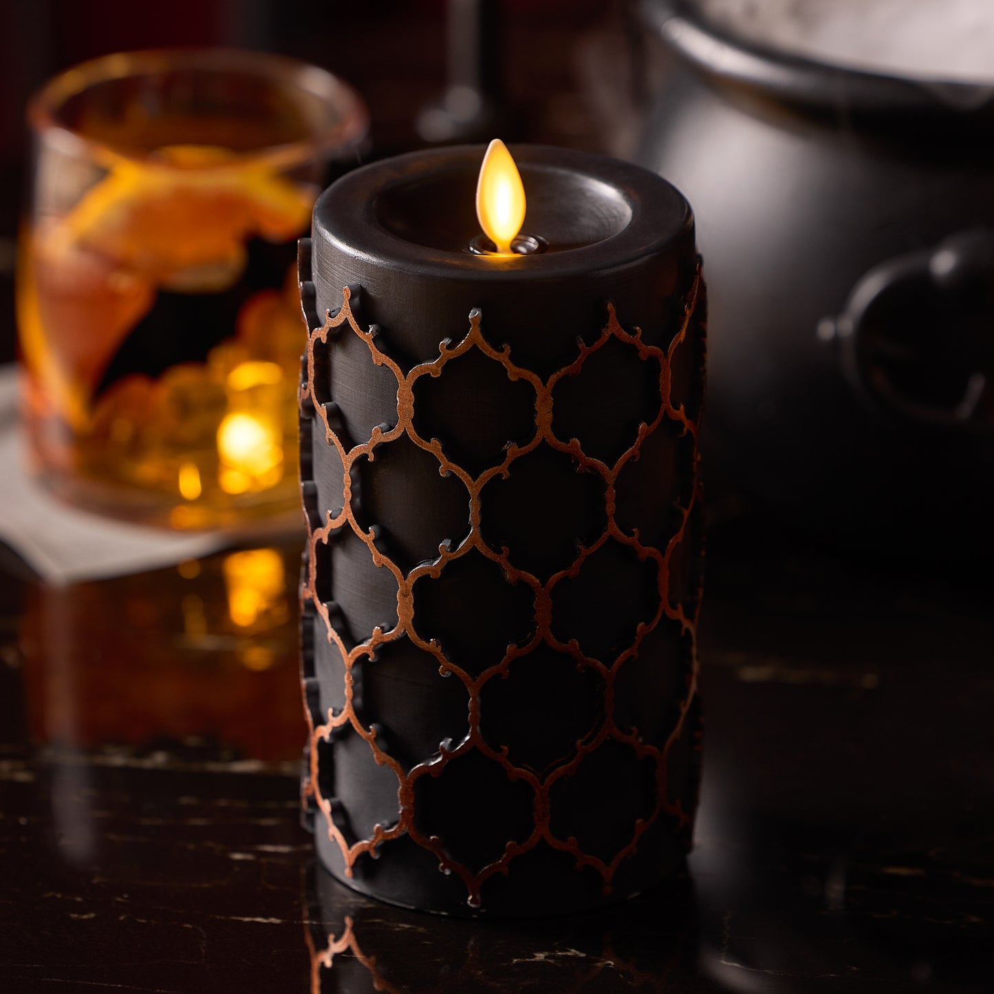 Black Embossed Fretwork Flameless Candle Pillar