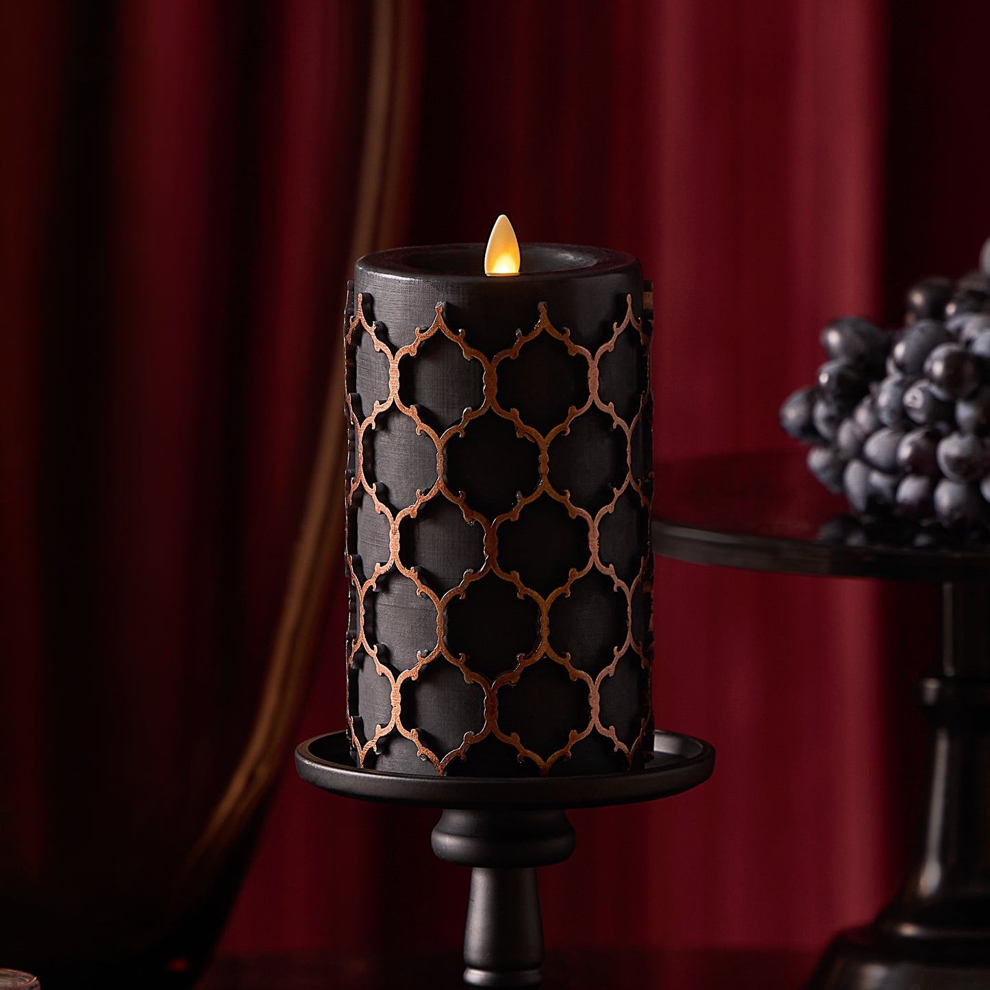 Black Embossed Fretwork Flameless Candle Pillar