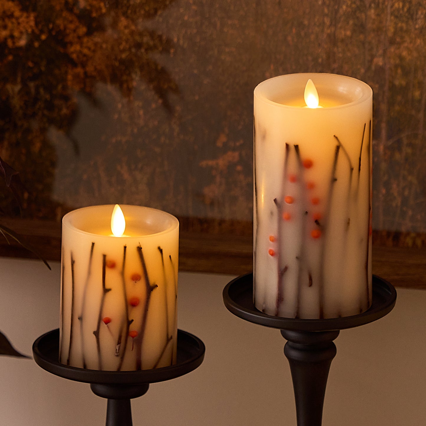 Pearl Ivory Embedded Orange Berries & Twigs Flameless Candle Pillar