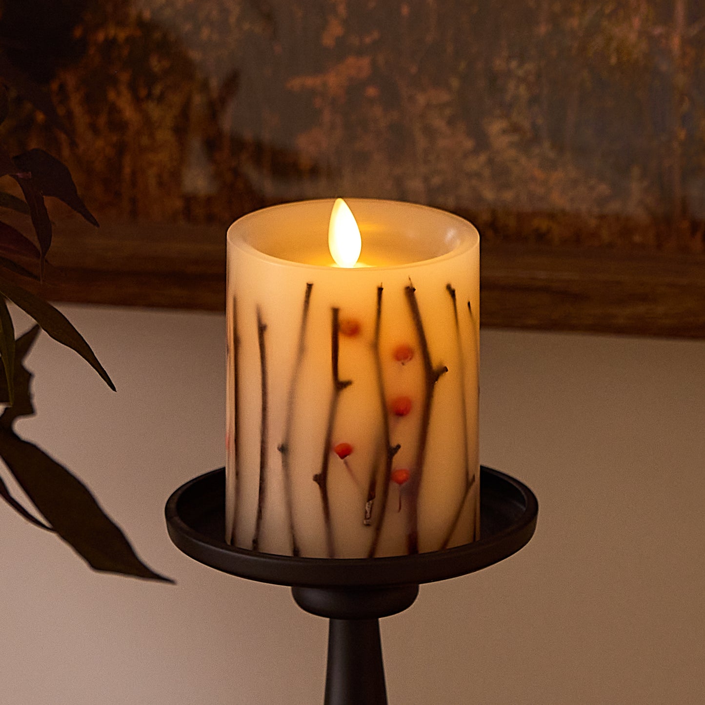 Pearl Ivory Embedded Orange Berries & Twigs Flameless Candle Pillar
