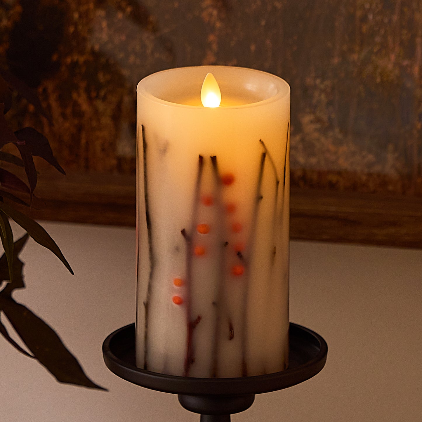 Pearl Ivory Embedded Orange Berries & Twigs Flameless Candle Pillar