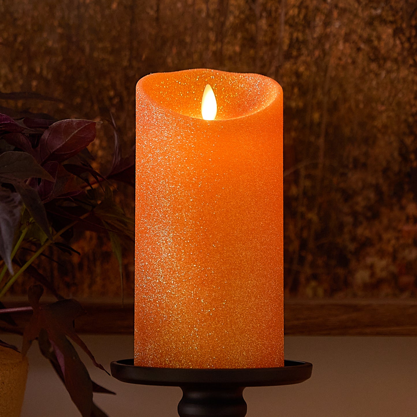 Russet Orange Glitter Flameless Candle Pillar