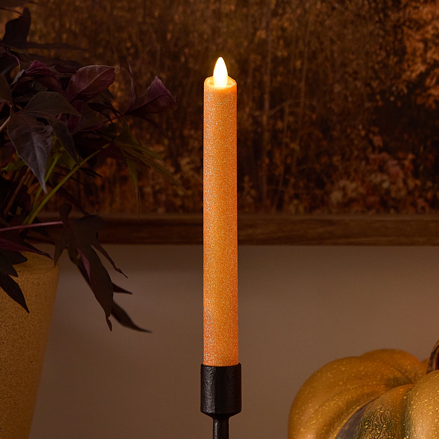 Russet Orange Glitter Flameless Candle Taper