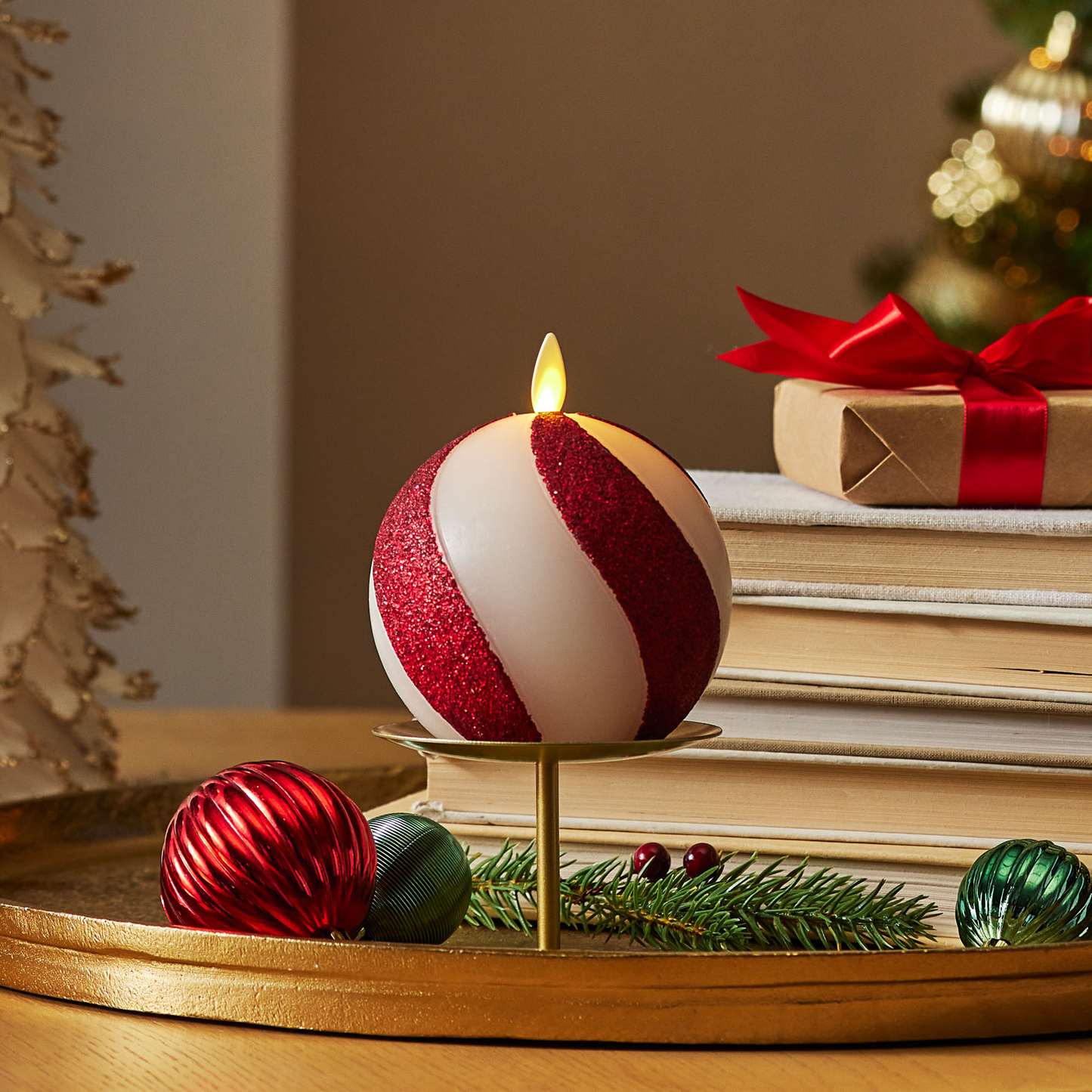 Red Candy Cane Glitter Stripe White Flameless Candle Sphere