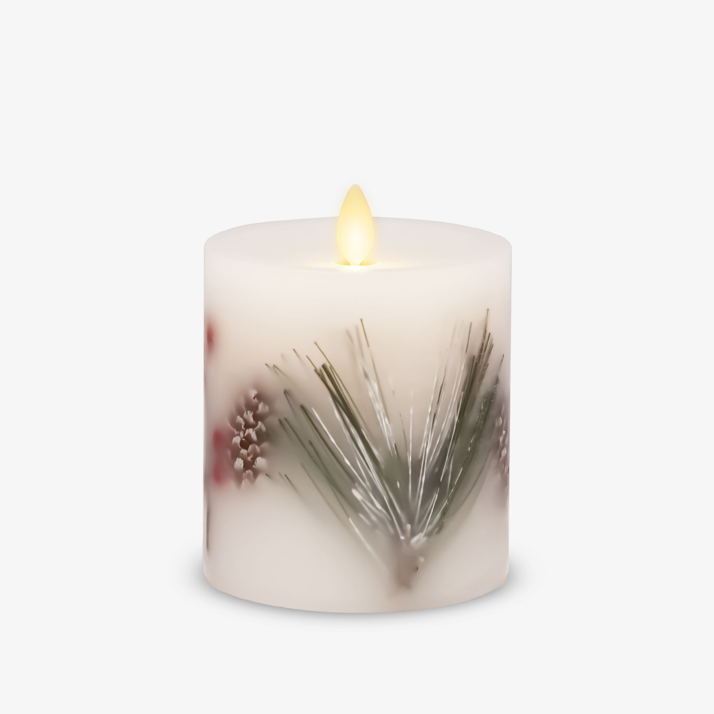 Embedded Pine, Berries & Pinecones Flameless Candle Pillar - Recessed Top