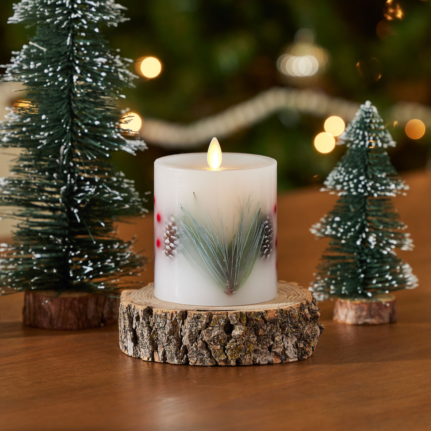 Embedded Pine, Berries & Pinecones Flameless Candle Pillar