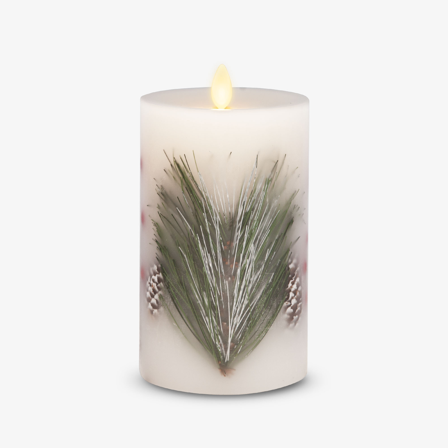 Embedded Pine, Berries & Pinecones Flameless Candle Pillar - Recessed Top