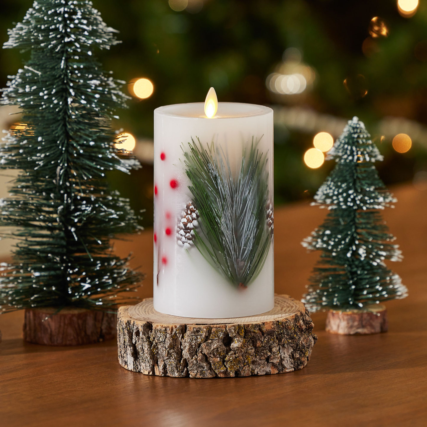 Embedded Pine, Berries & Pinecones Flameless Candle Pillar