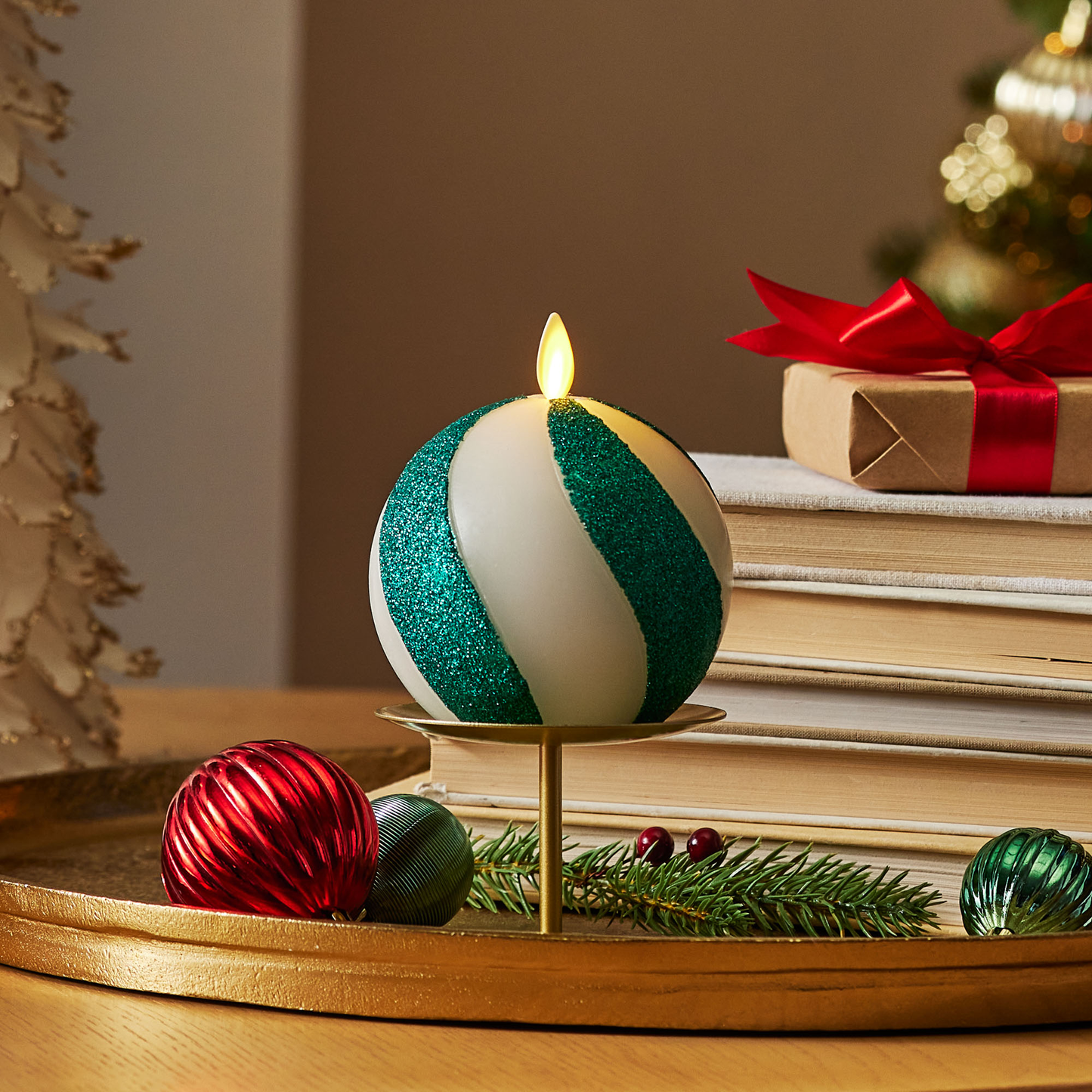 Green Candy Cane Glitter Stripe Flameless Candle Sphere