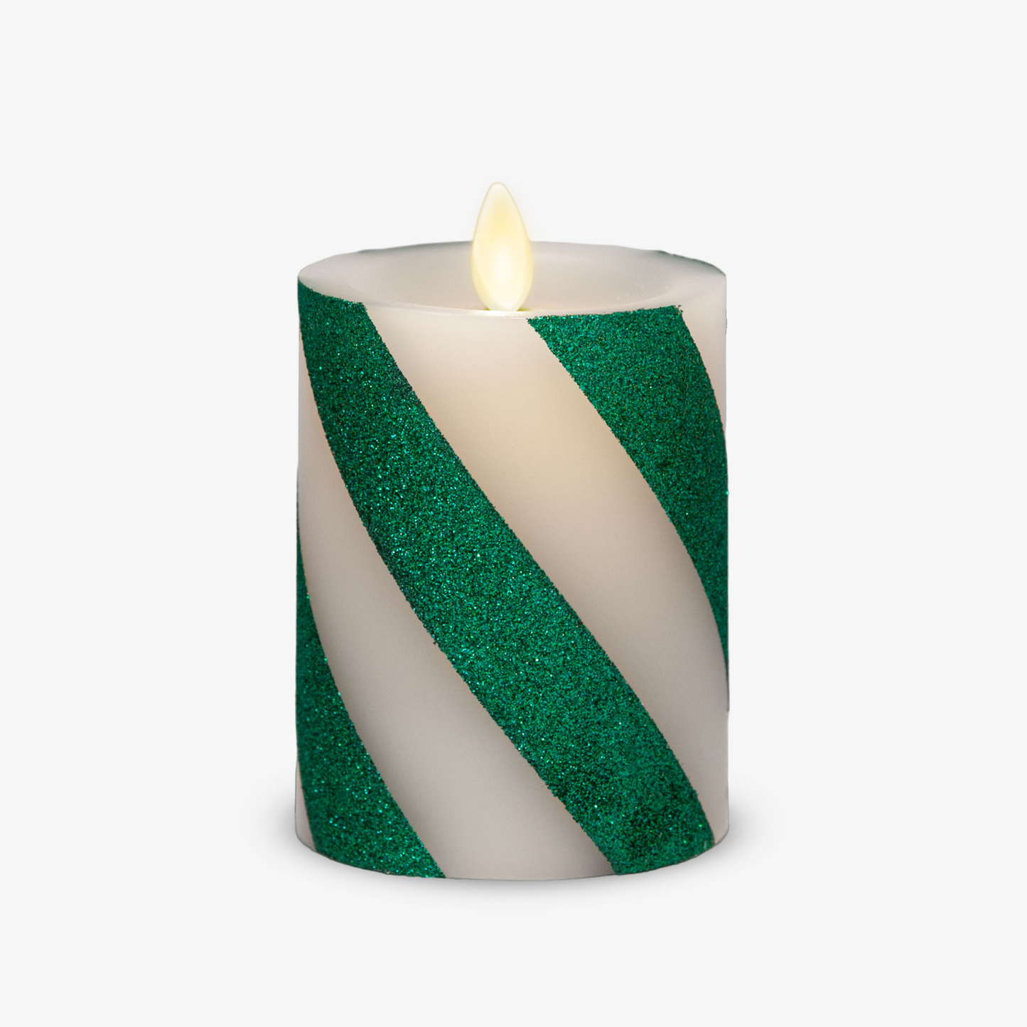 Green Candy Cane Wide Glitter Stripe Flameless Candle Pillar