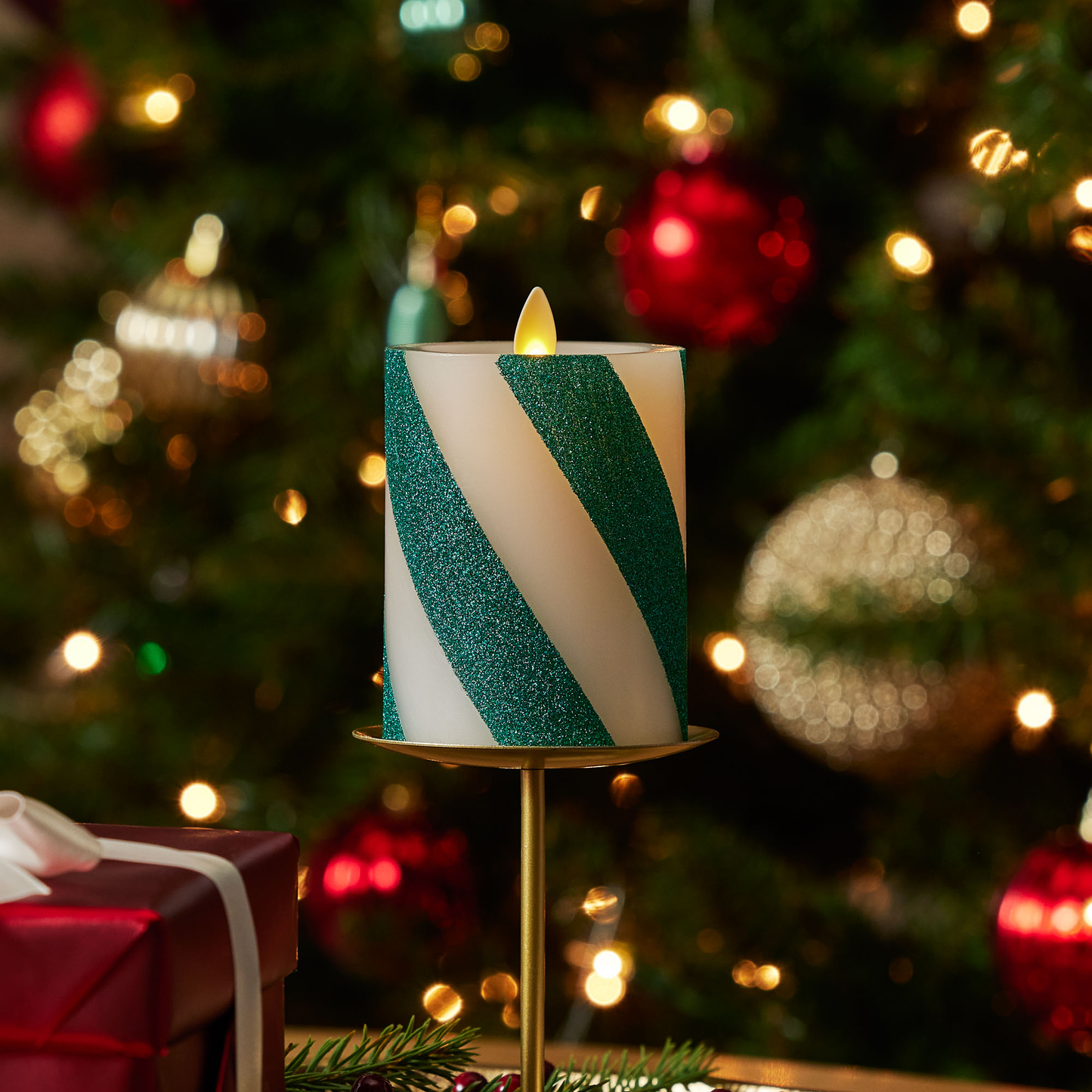 Green Candy Cane Wide Glitter Stripe Flameless Candle Pillar
