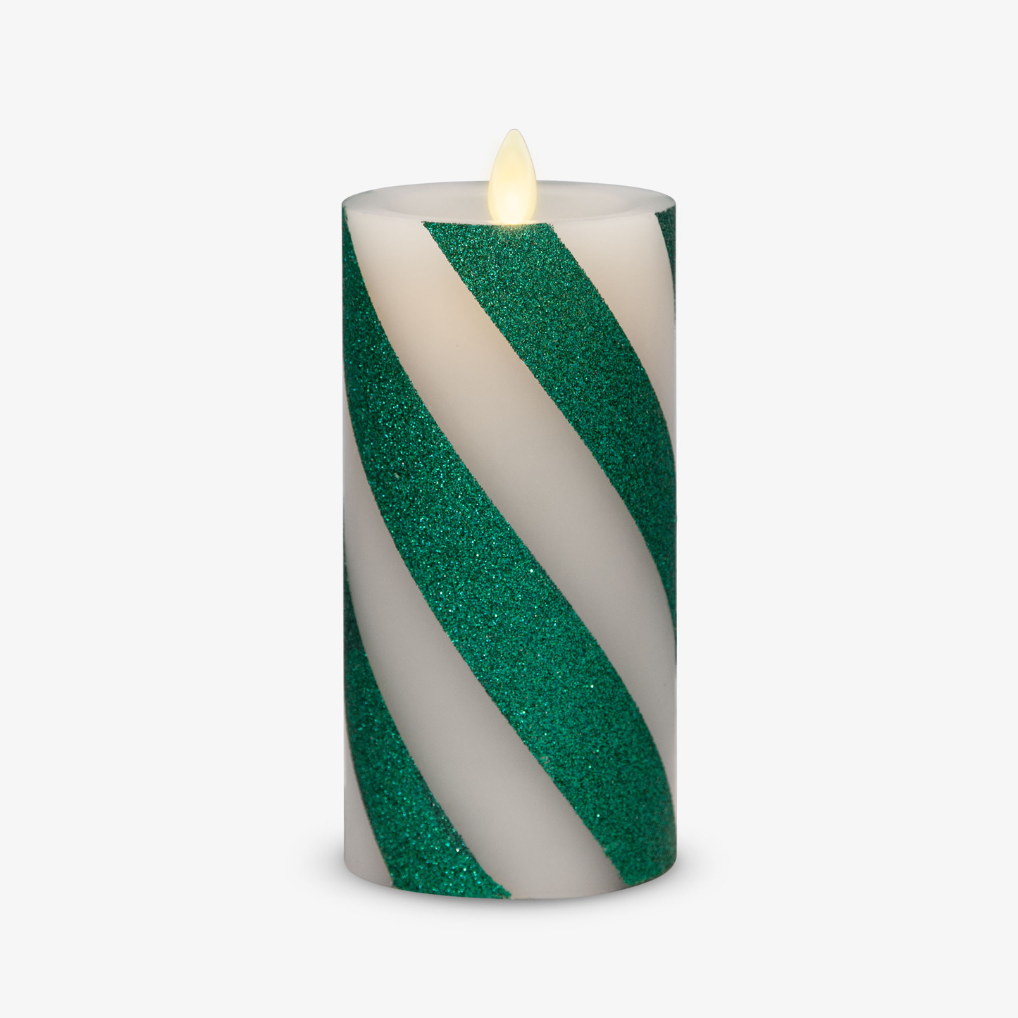 Green Candy Cane Wide Glitter Stripe Flameless Candle Pillar