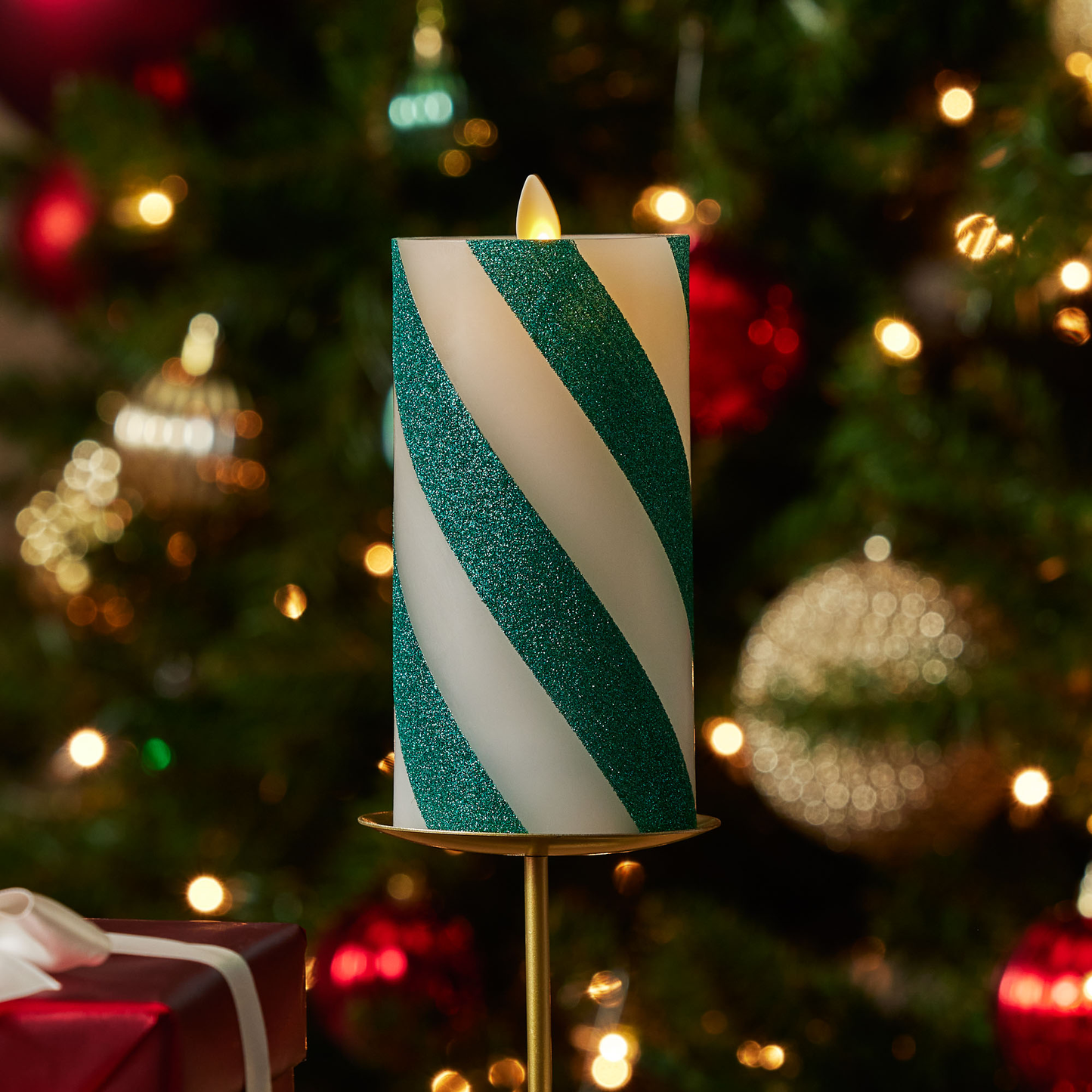 Green Candy Cane Wide Glitter Stripe Flameless Candle Pillar