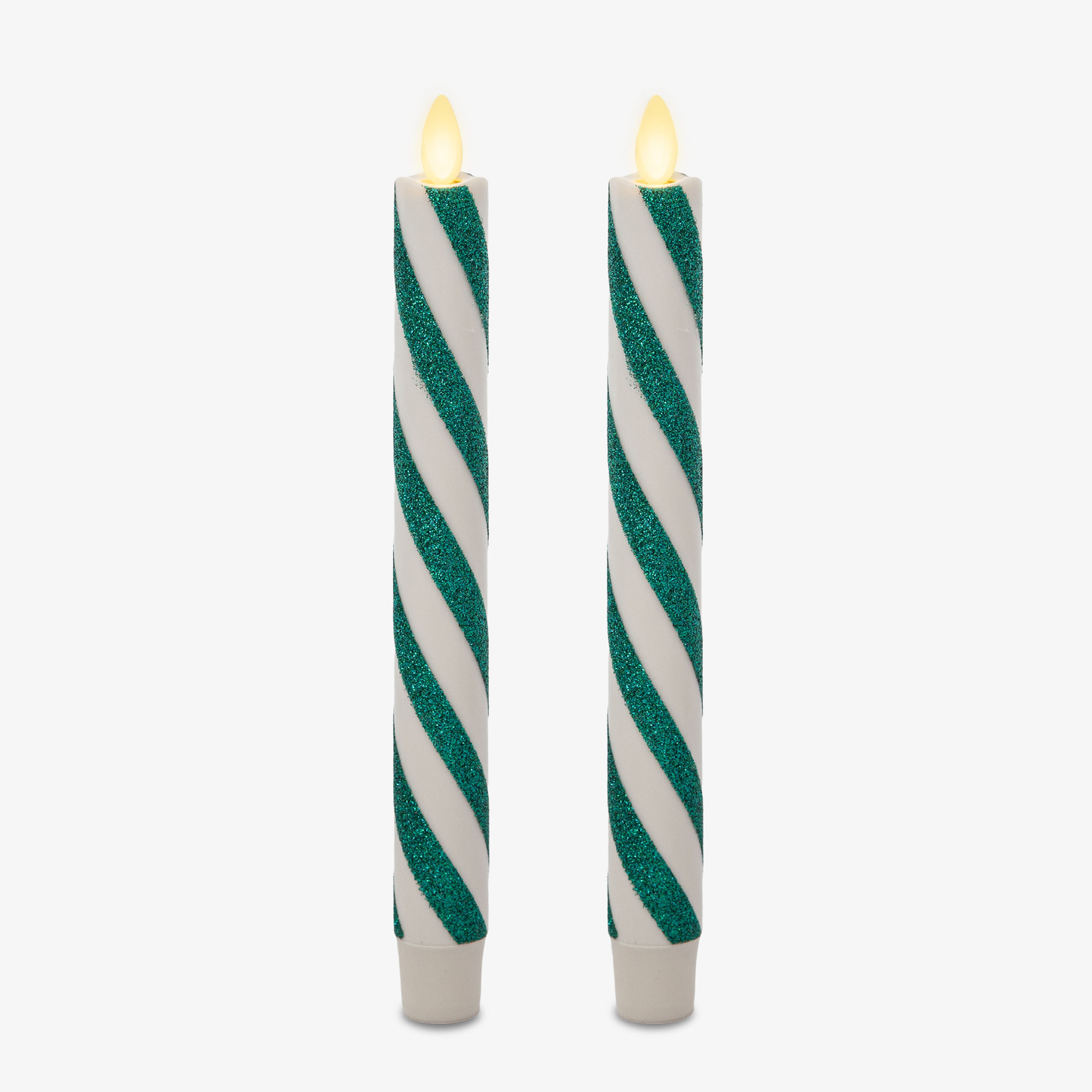 Green Candy Cane Glitter Stripe Flameless Candle Tapers - Melted Top (Set of 2)