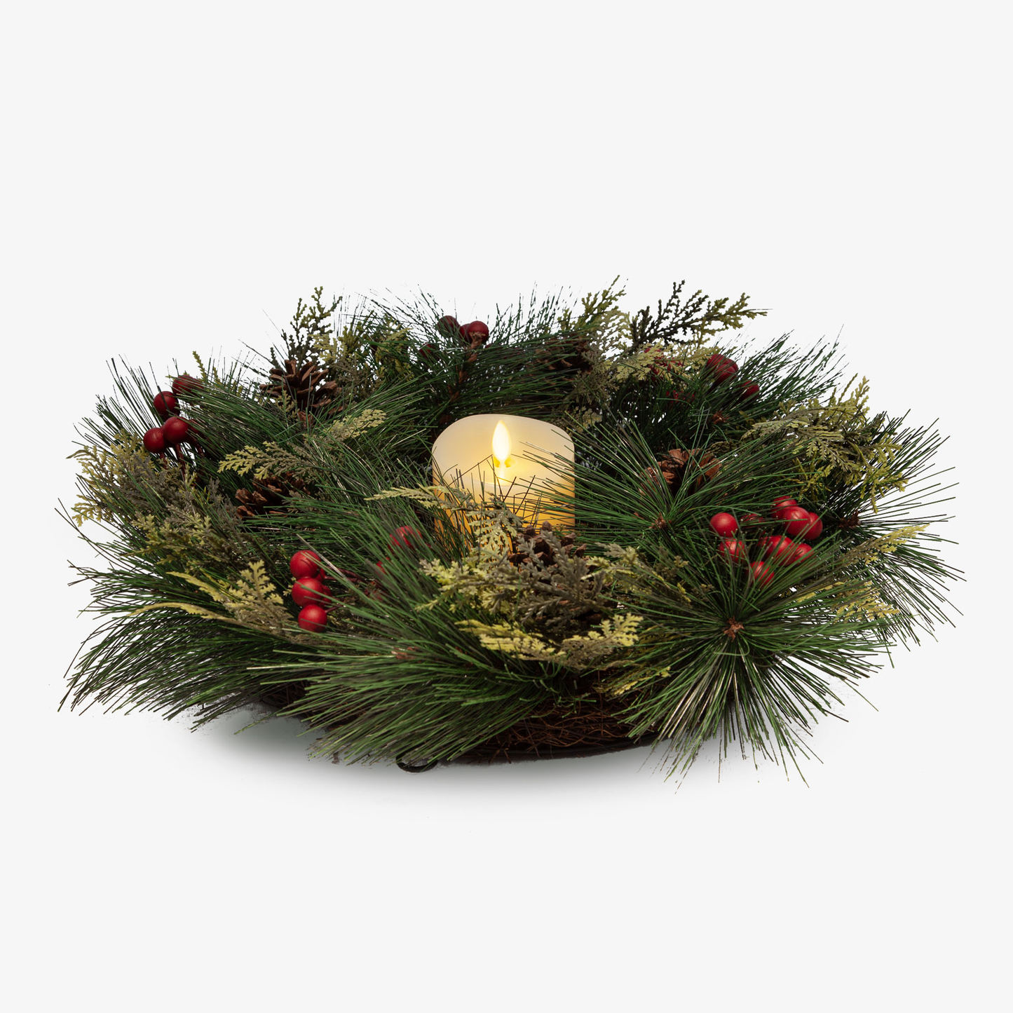 Convertible Red Berries Wreath with Ivory Flameless Candle