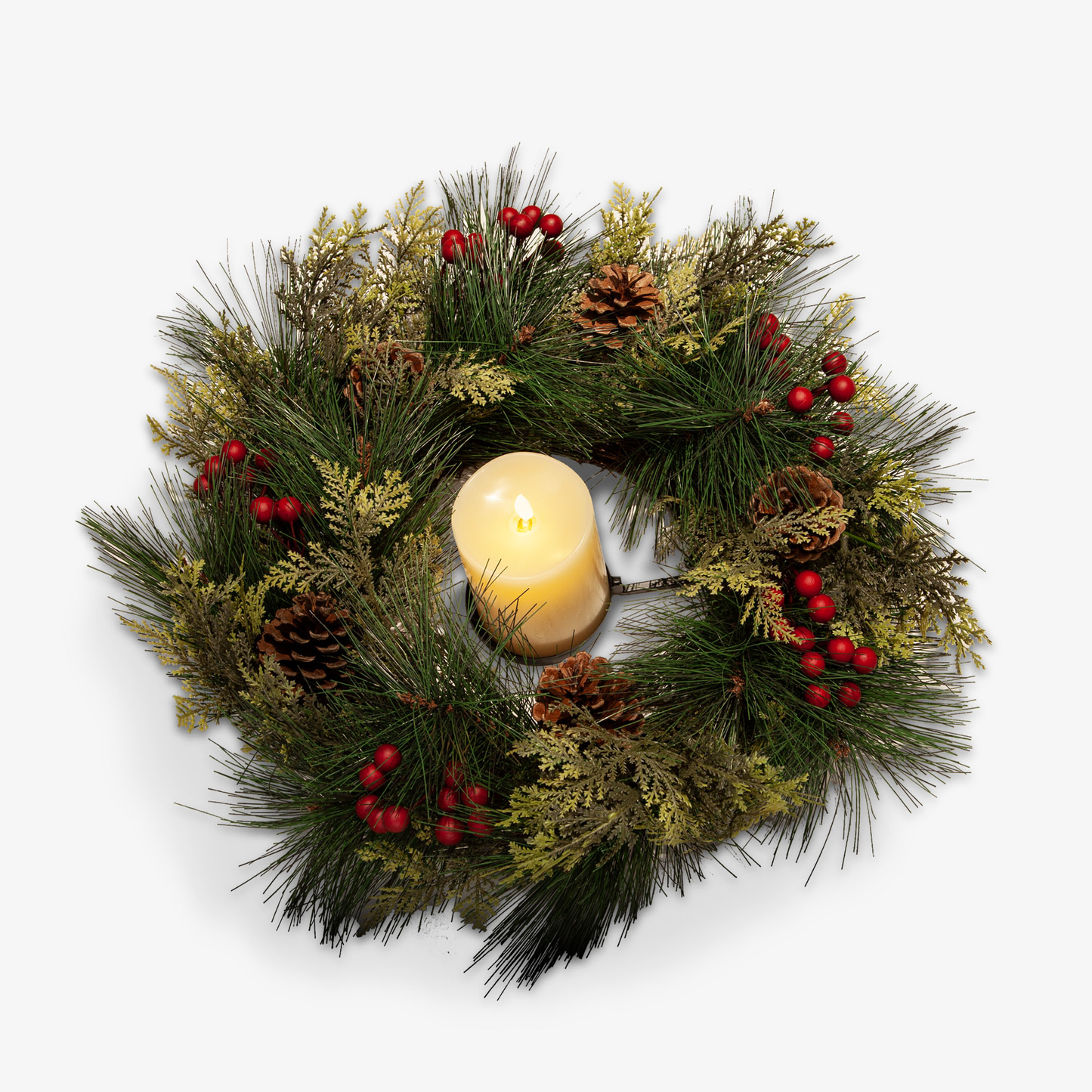Convertible Red Berries Wreath with Ivory Flameless Candle