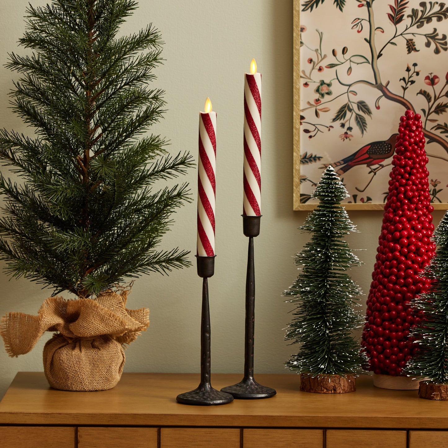 Red Candy Cane Glitter Stripe White Flameless Candle Tapers - Set of 2