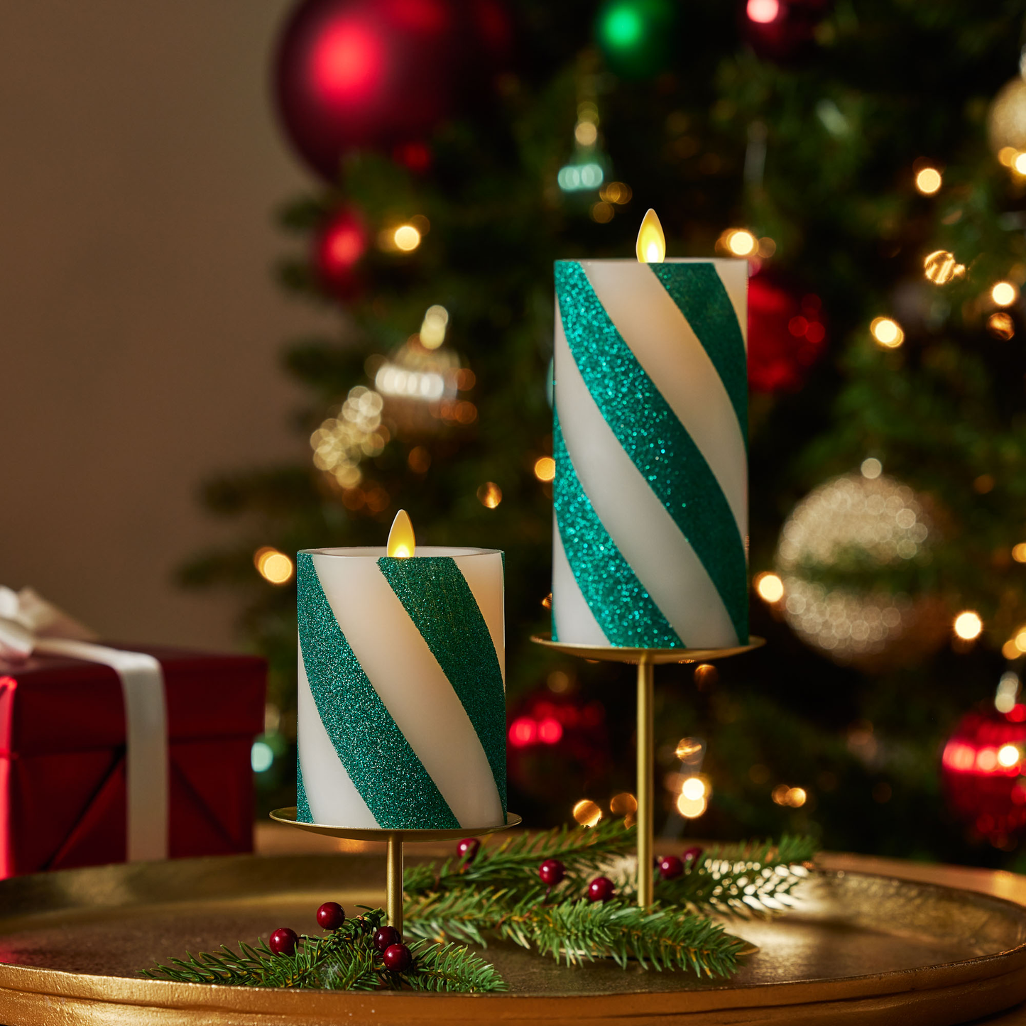 Green Candy Cane Wide Glitter Stripe Flameless Candle Pillar - Recessed Top