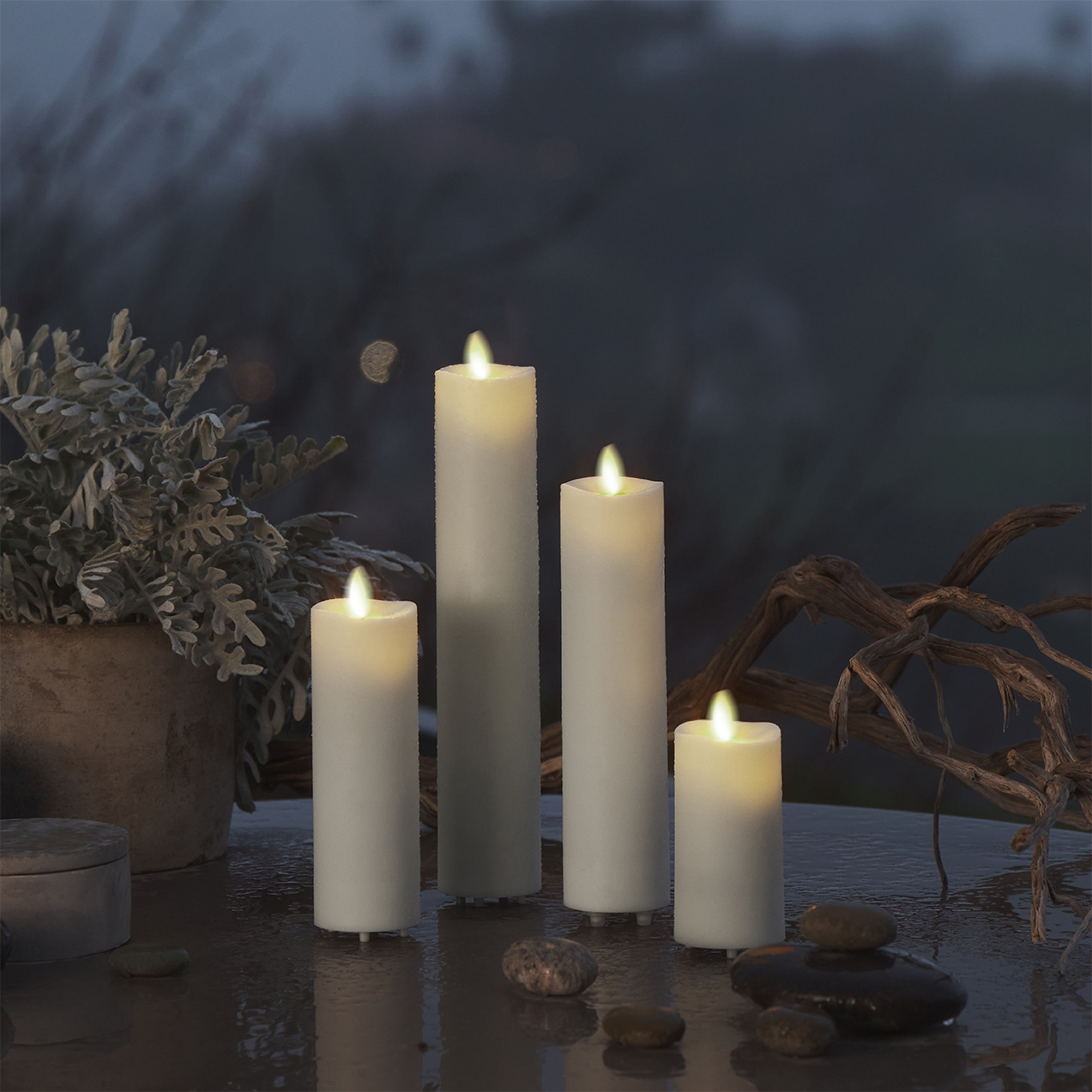 Outdoor Flameless Candle Pearl Ivory Slim Pillar with Real Flame Effect