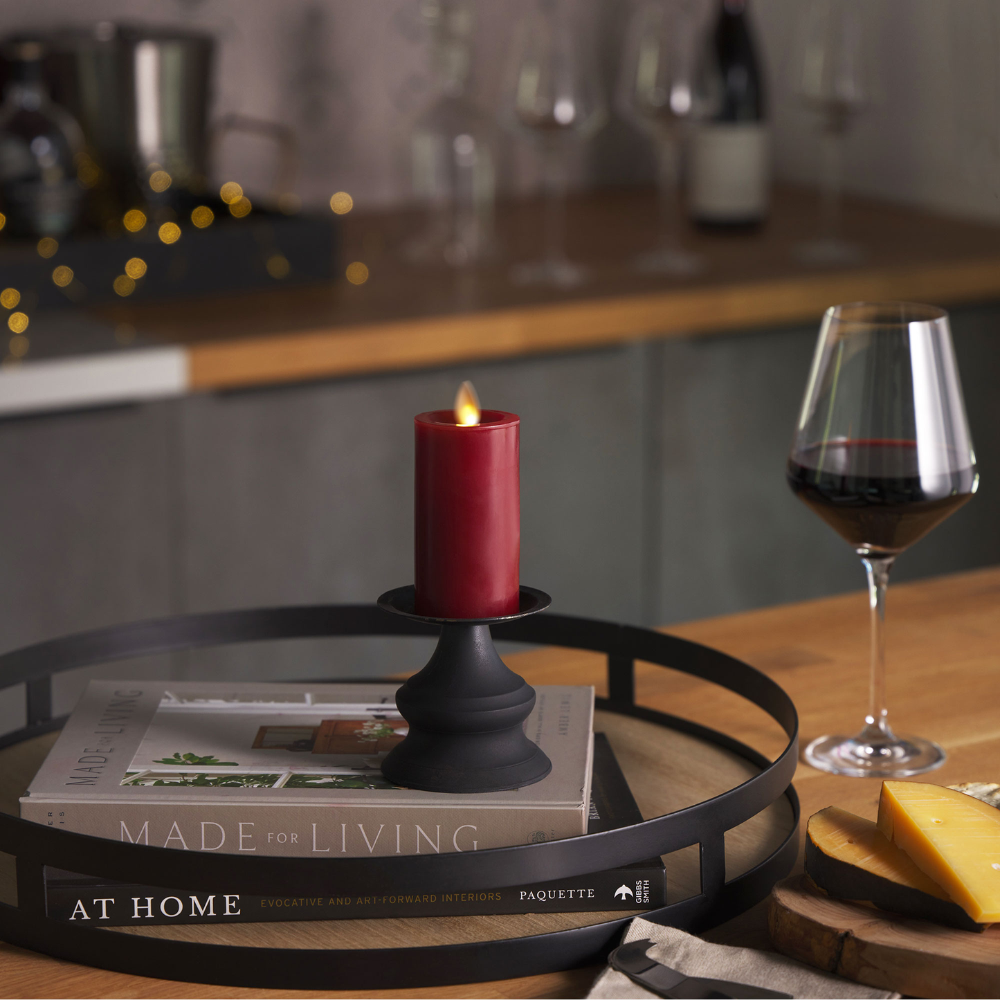 Burgundy Flameless Candle Slim Pillar - Recessed Top