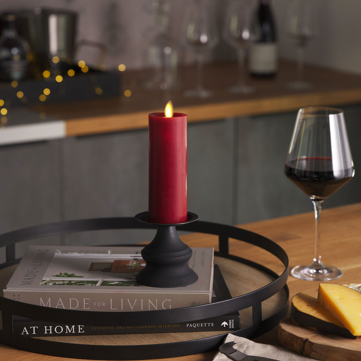 Burgundy Flameless Candle Slim Pillar - Recessed Top