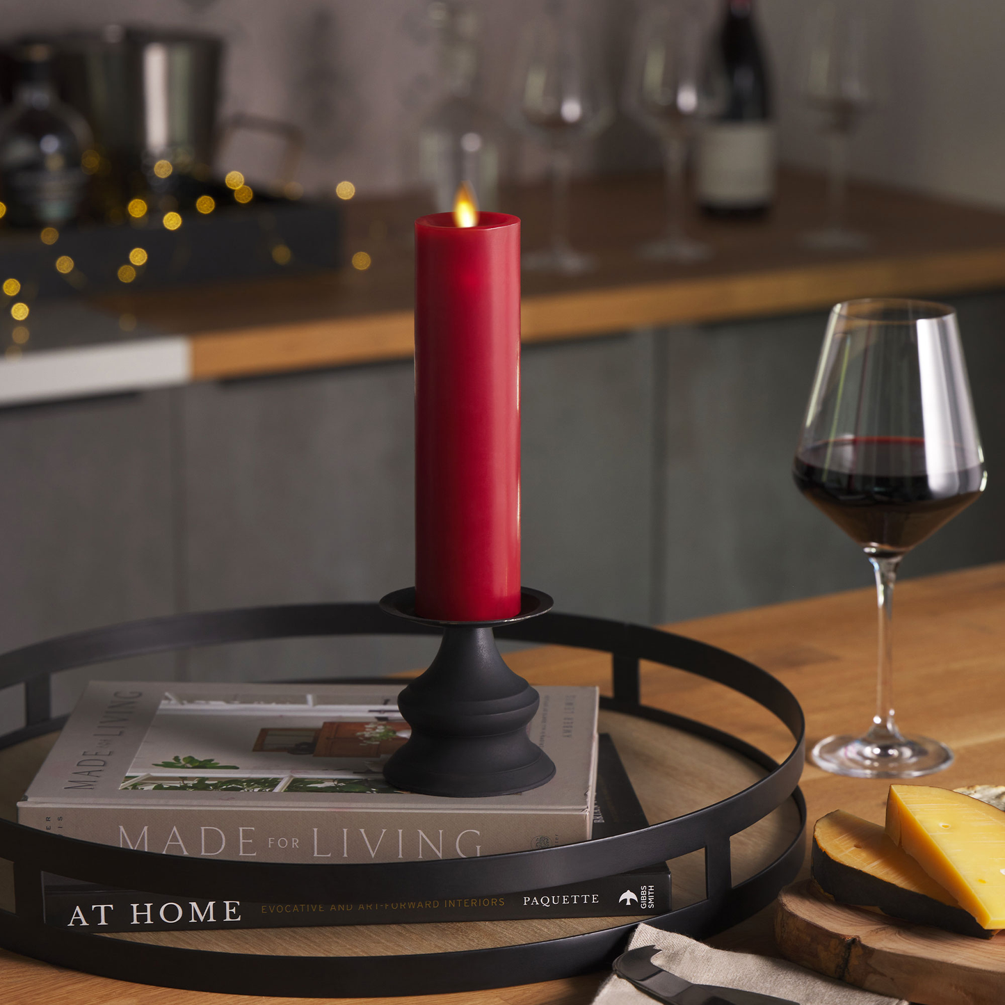 Burgundy Flameless Candle Slim Pillar - Recessed Top