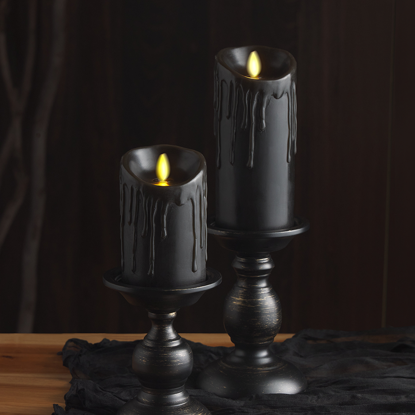 Black Wax Drip Flameless Candle Pillar - Scallop Top Unscented