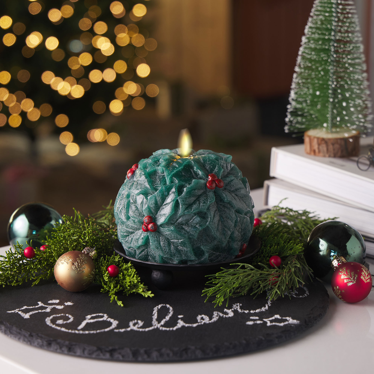 Hunter Green Flameless Candle Holly Sphere