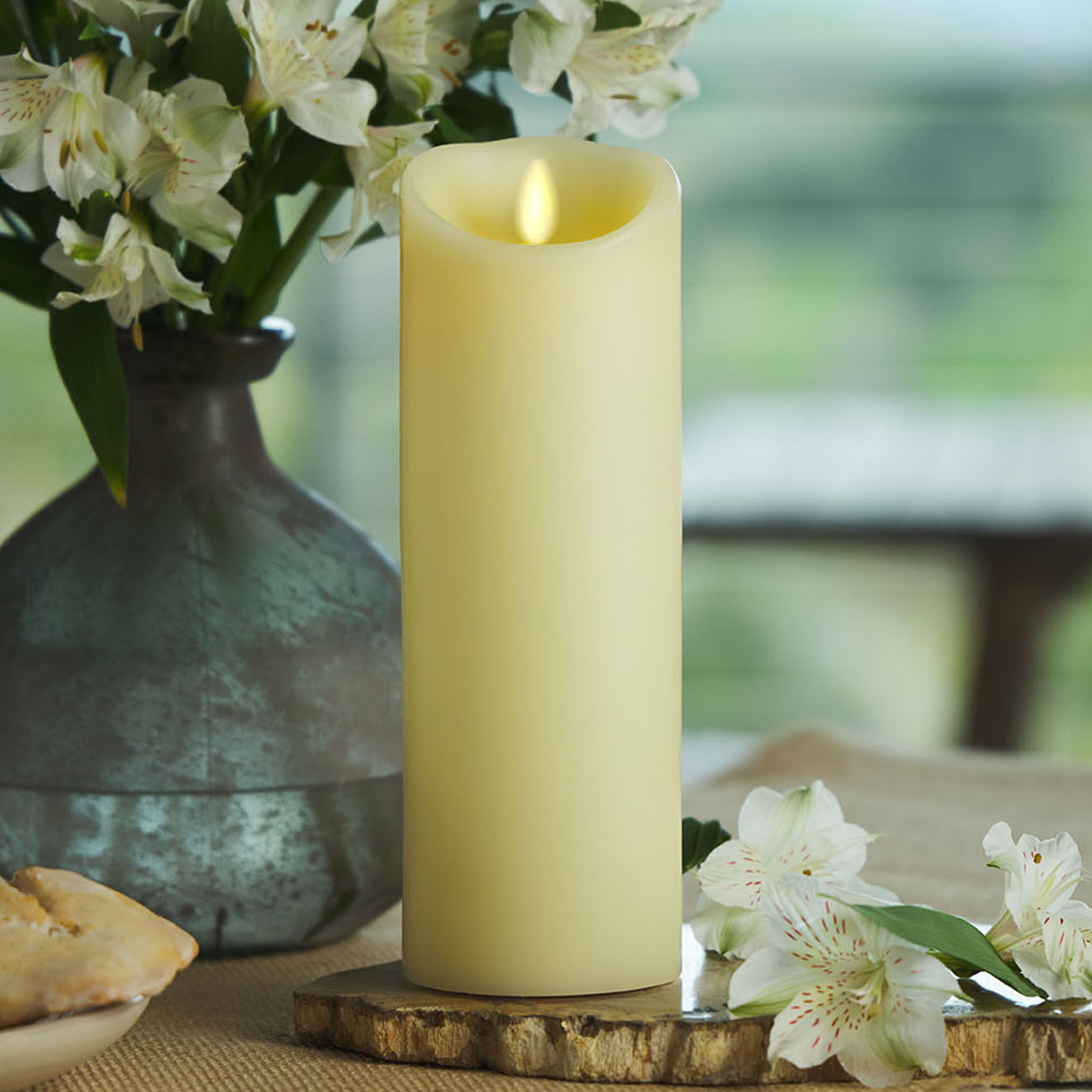 Ivory Flameless Candle Pillar - Scallop Top Vanilla Scented - 3” Width