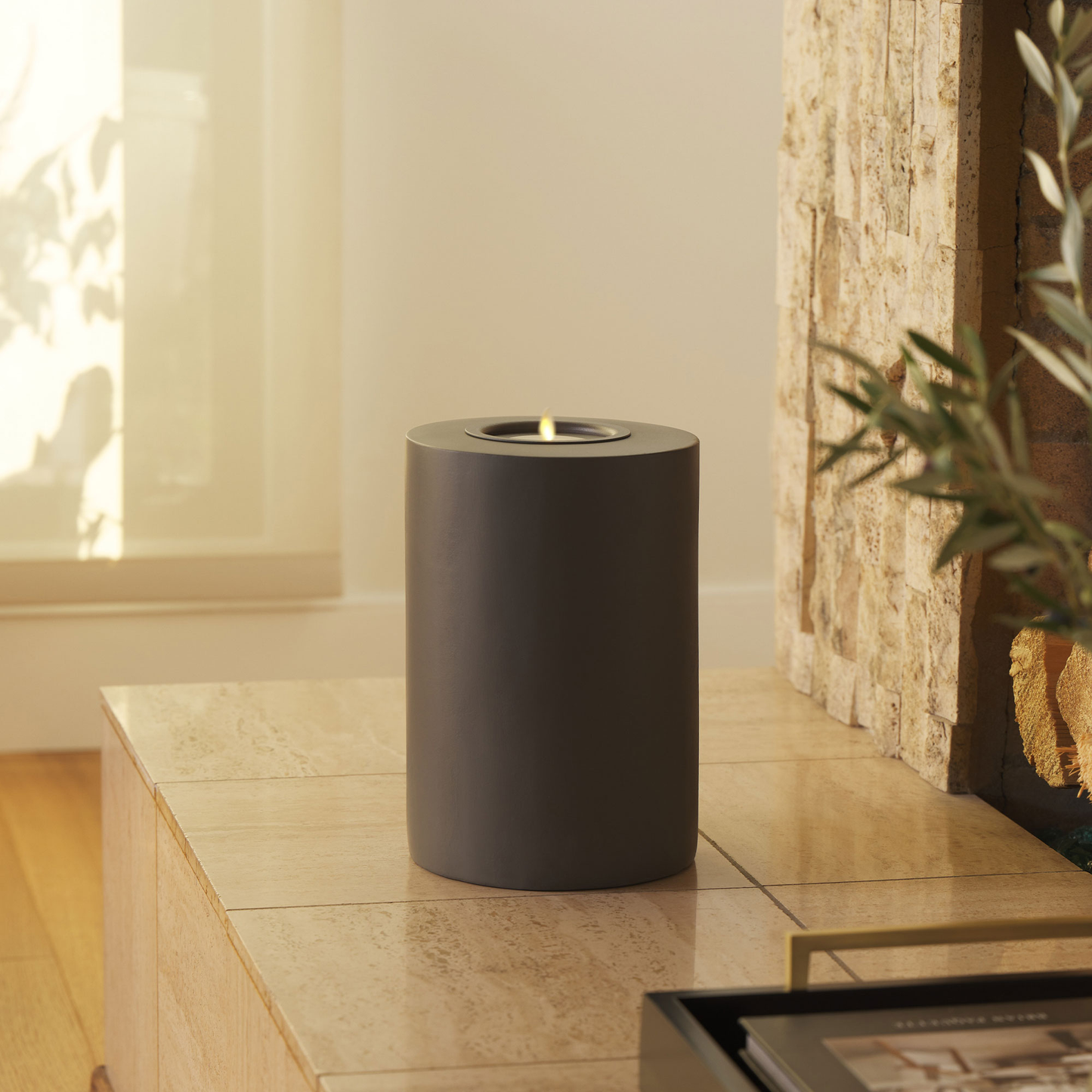 Medium Concrete Cylinder Decorative Candle Holder with Outdoor Votive