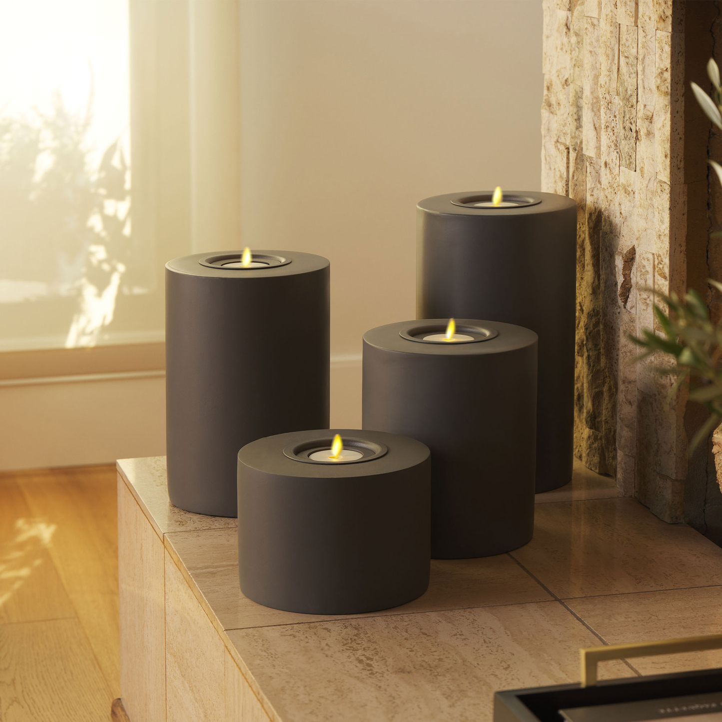 Petite Concrete Cylinder Decorative Candle Holder with Outdoor Votive