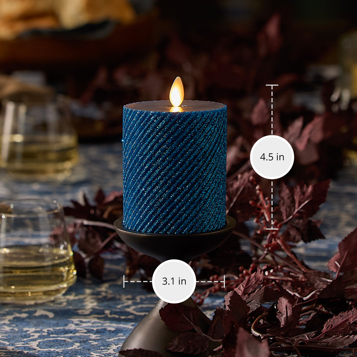 Glitter Blue Opal Ribbed Flameless Candle Pillar