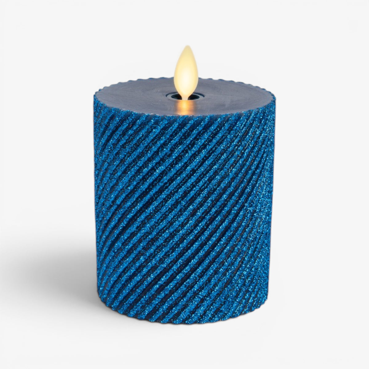 Glitter Blue Opal Ribbed Flameless Candle Pillar