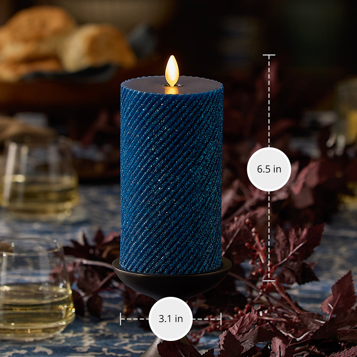 Glitter Blue Opal Ribbed Flameless Candle Pillar