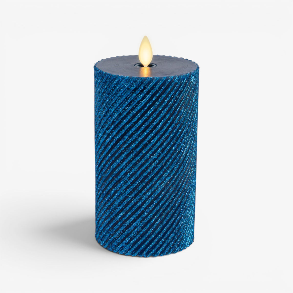 Glitter Blue Opal Ribbed Flameless Candle Pillar