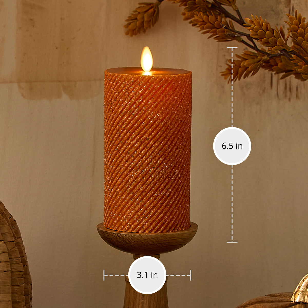 Glitter Marmalade Ribbed Flameless Candle Pillar