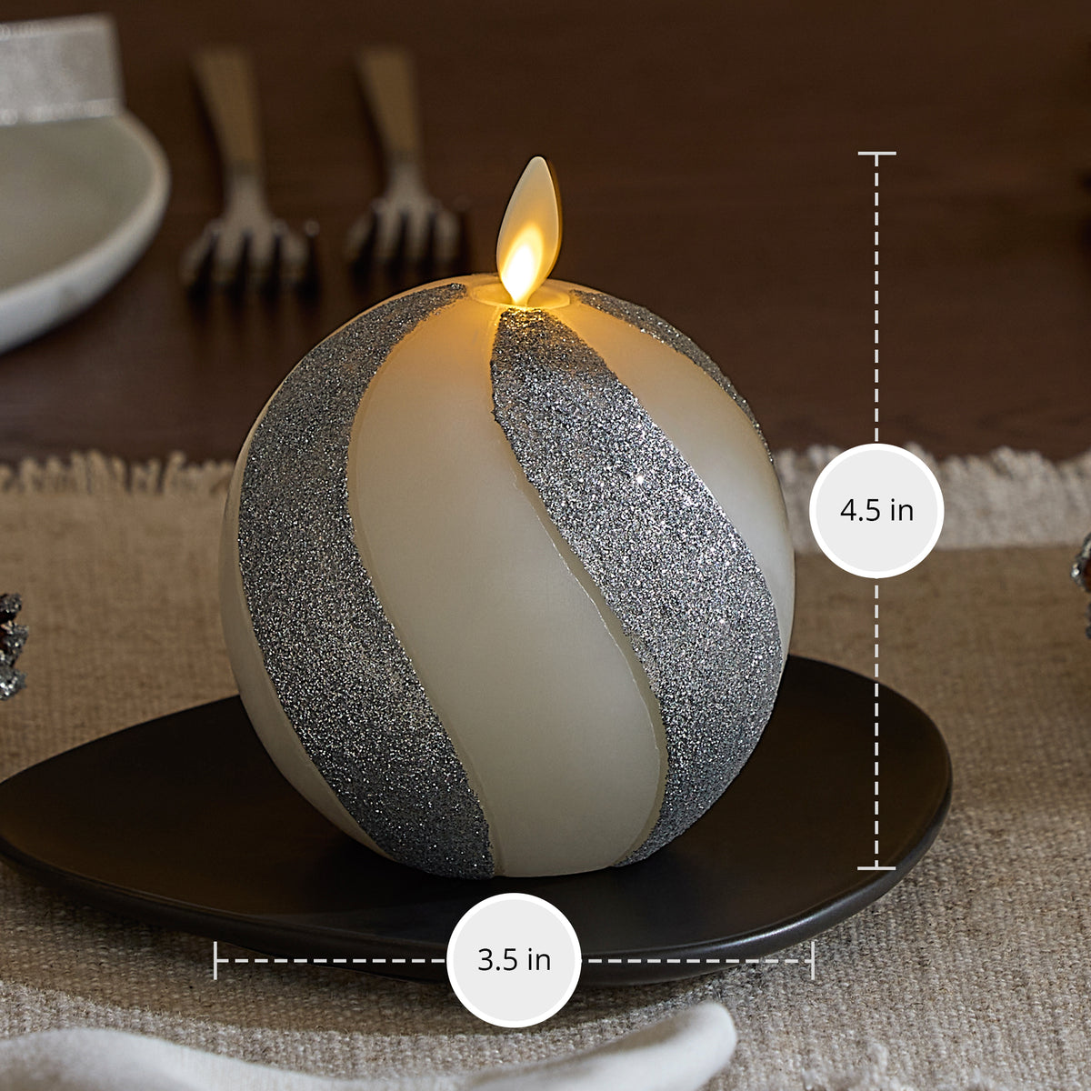 Brilliant Silver Candy Cane Glitter Flameless Candle Sphere