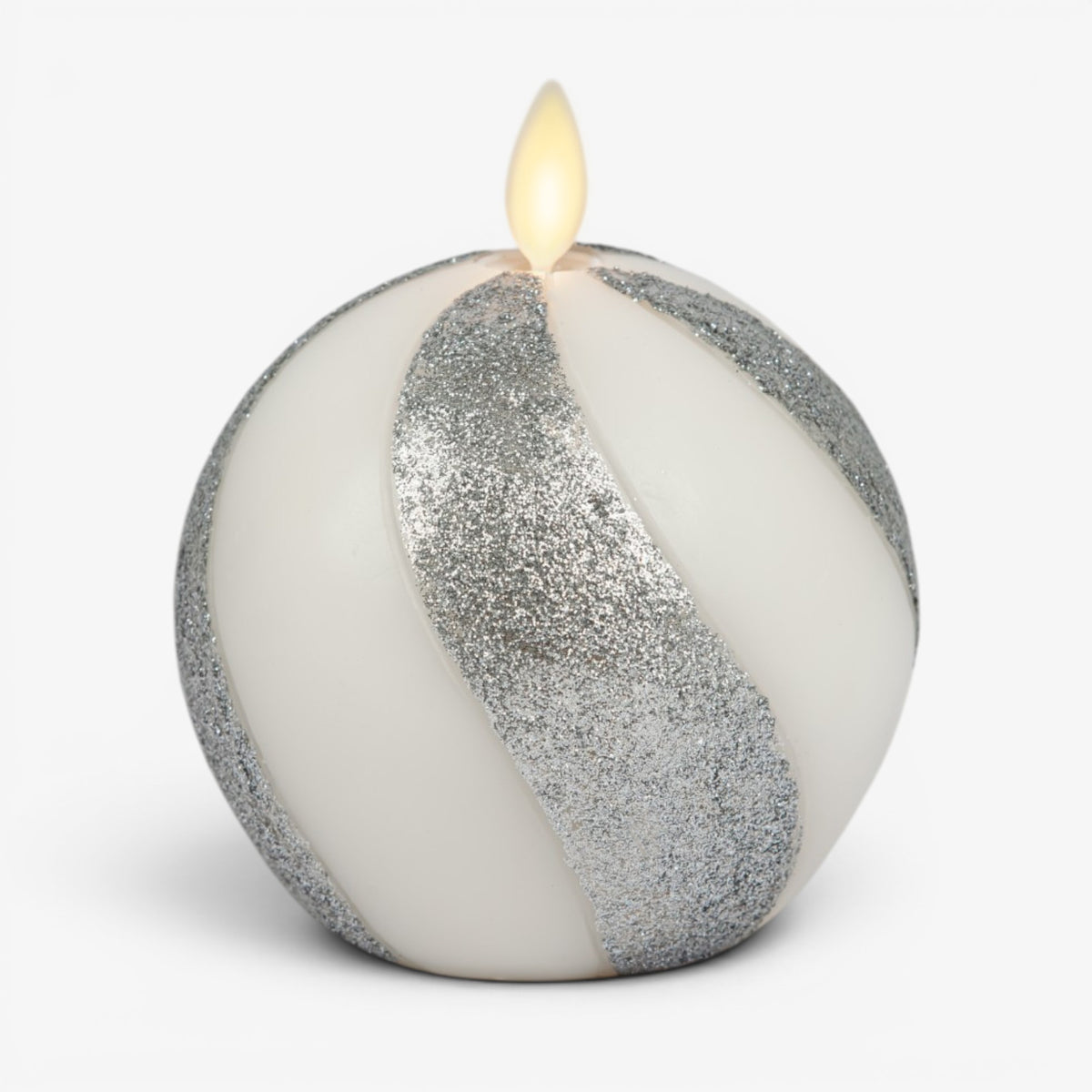 Brilliant Silver Candy Cane Glitter Flameless Candle Sphere