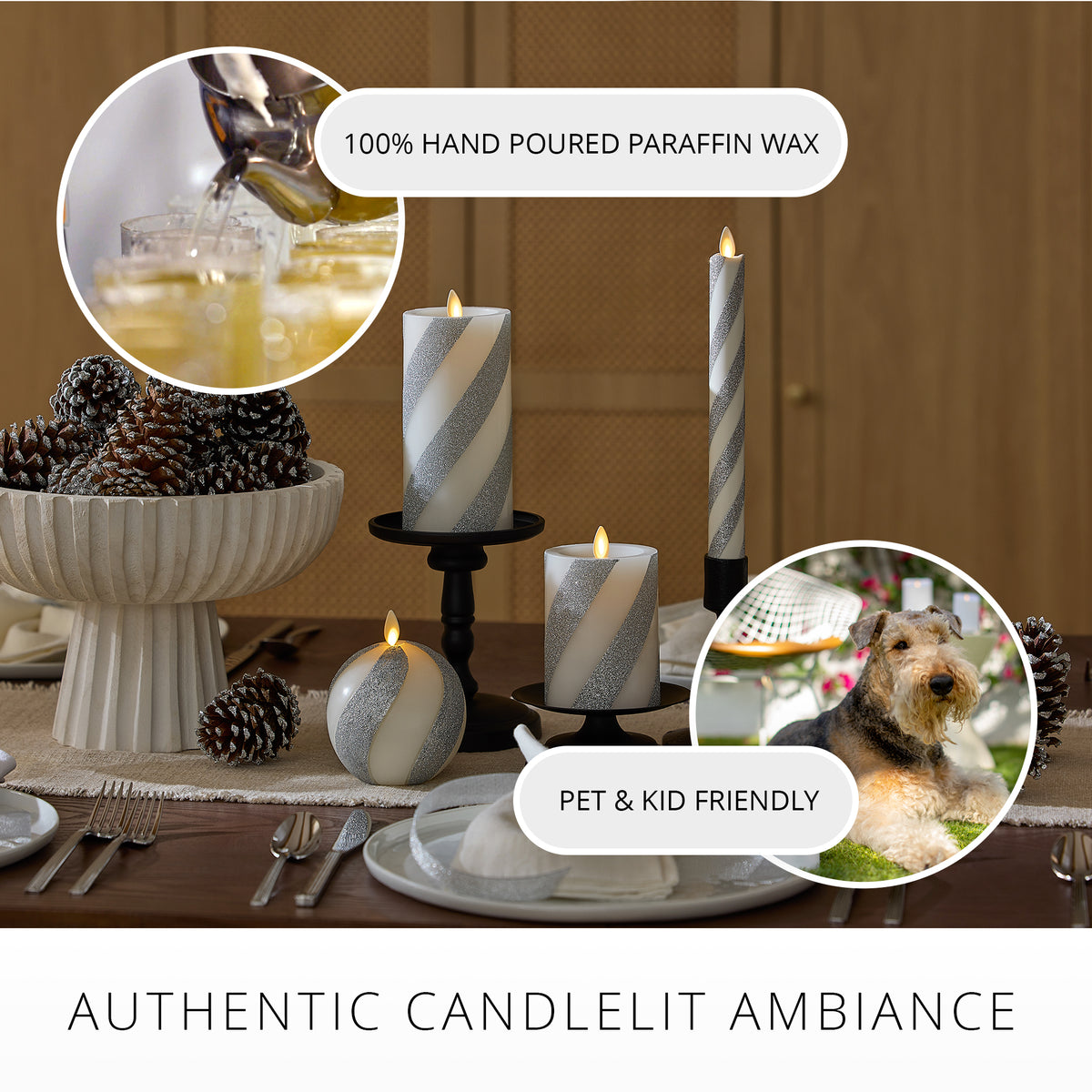 Brilliant Silver Candy Cane Glitter Flameless Candle Sphere