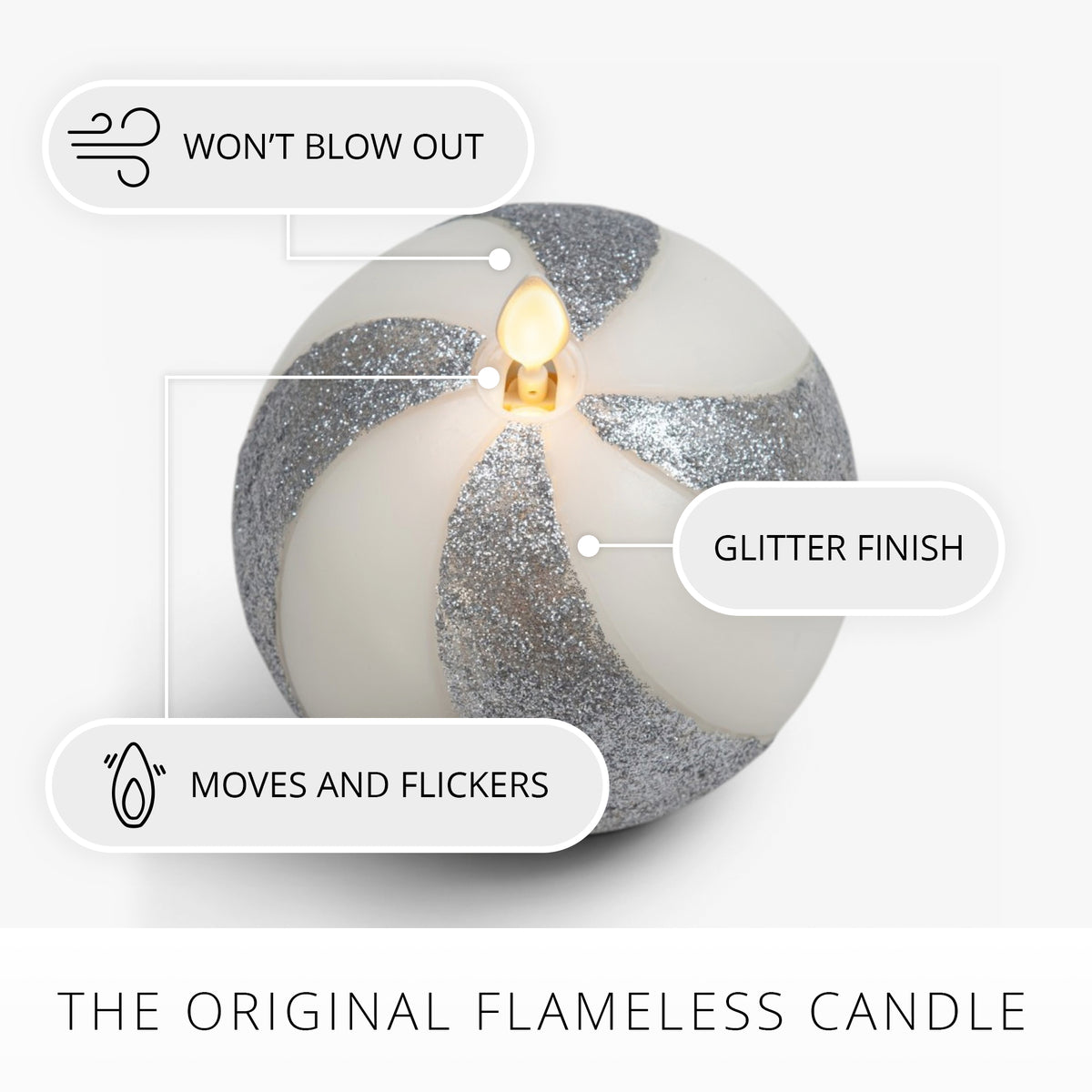 Brilliant Silver Candy Cane Glitter Flameless Candle Sphere