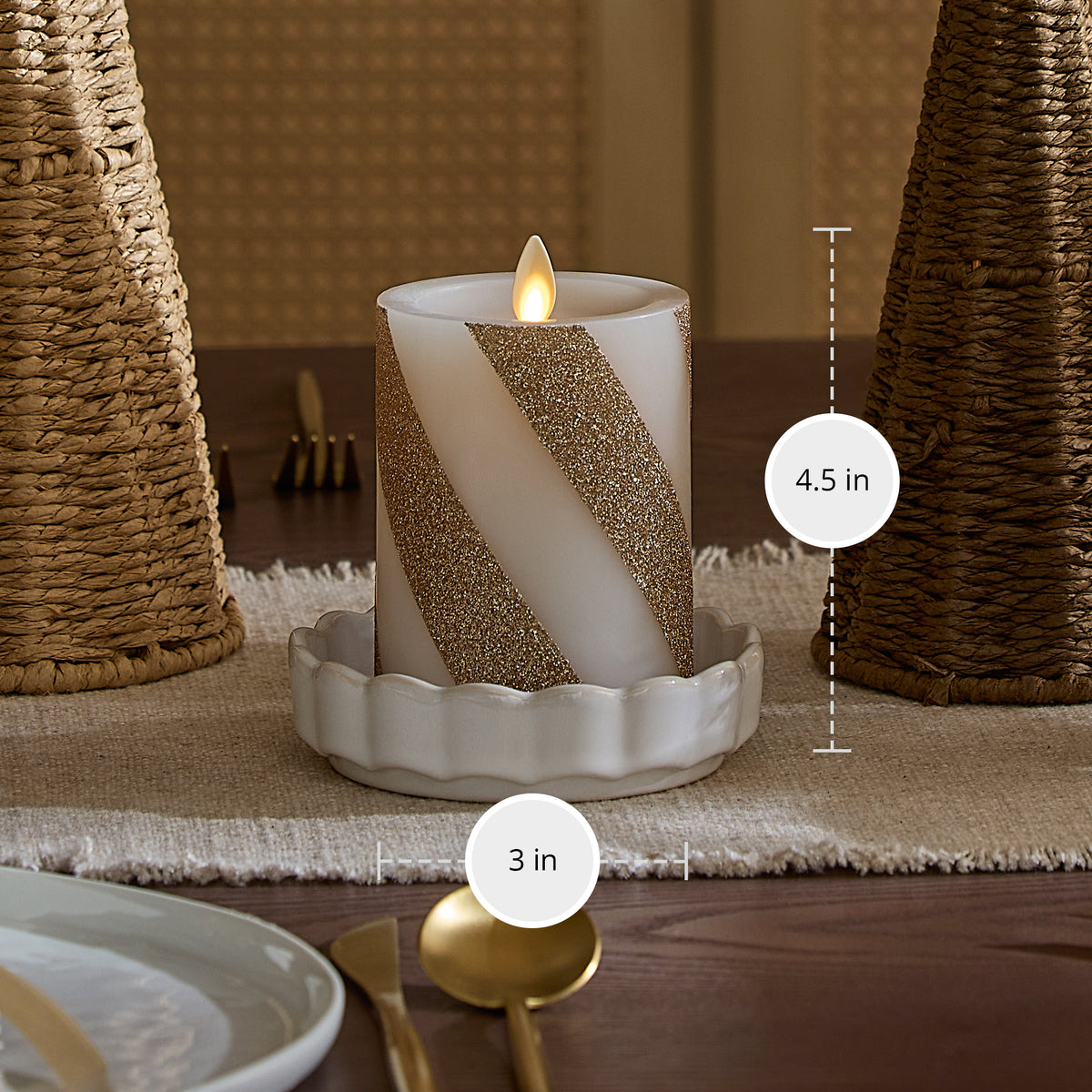 Champagne Glow Candy Cane Glitter Flameless Candle Pillar